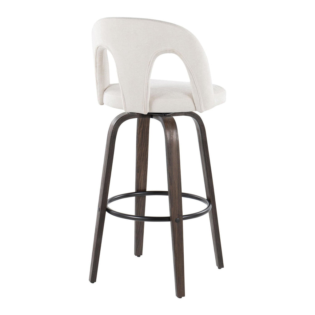 Ava Upholstered 30" Fixed-Height Barstool - Set of 2 - Walnut Glazed Wood, Snow White Fabric, Black Metal