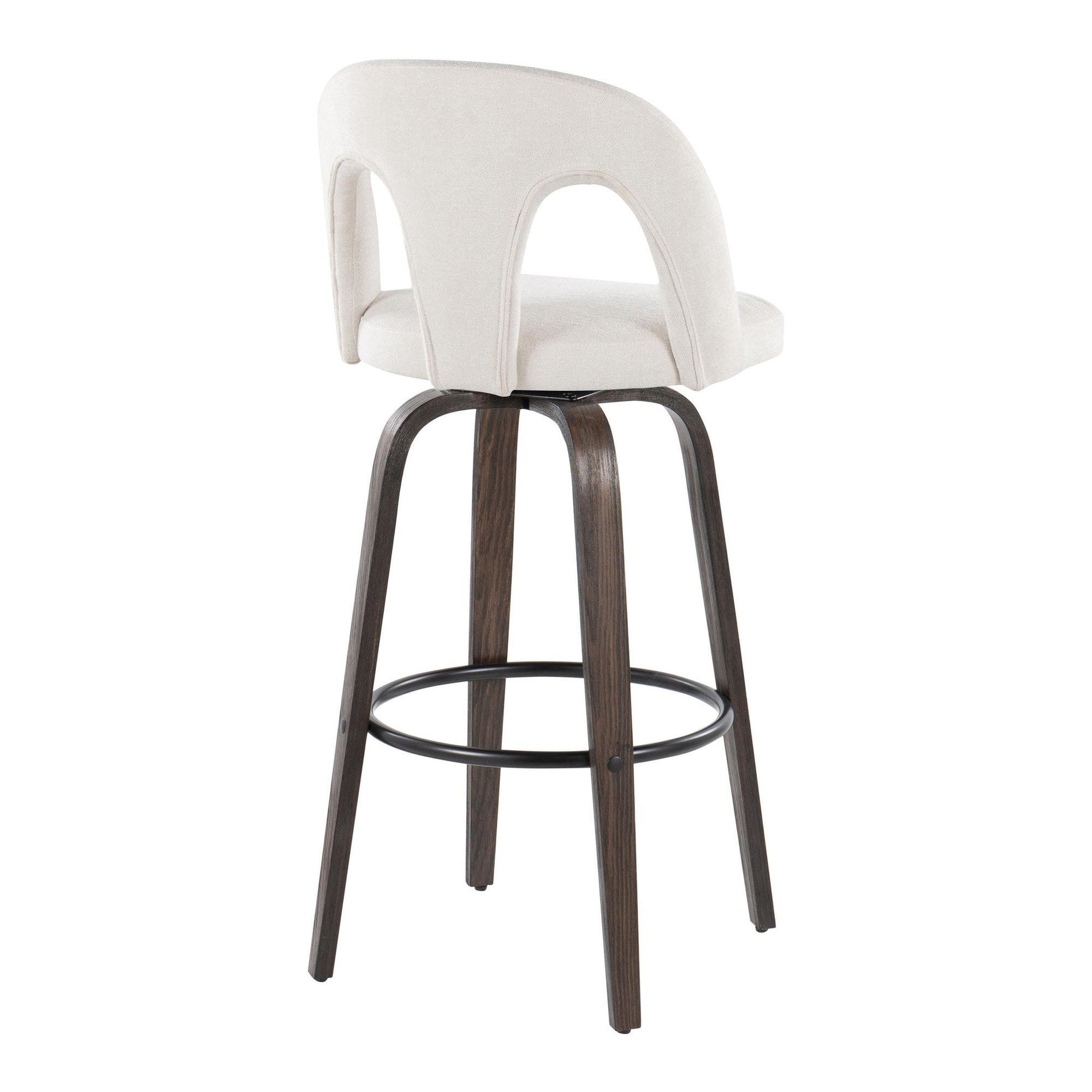 Ava Upholstered 30" Fixed-Height Barstool - Set of 2 - Walnut Glazed Wood, Snow White Fabric, Black Metal