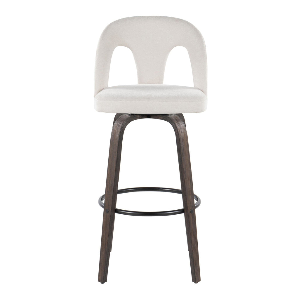 Ava Upholstered 30" Fixed-Height Barstool - Set of 2 - Walnut Glazed Wood, Snow White Fabric, Black Metal