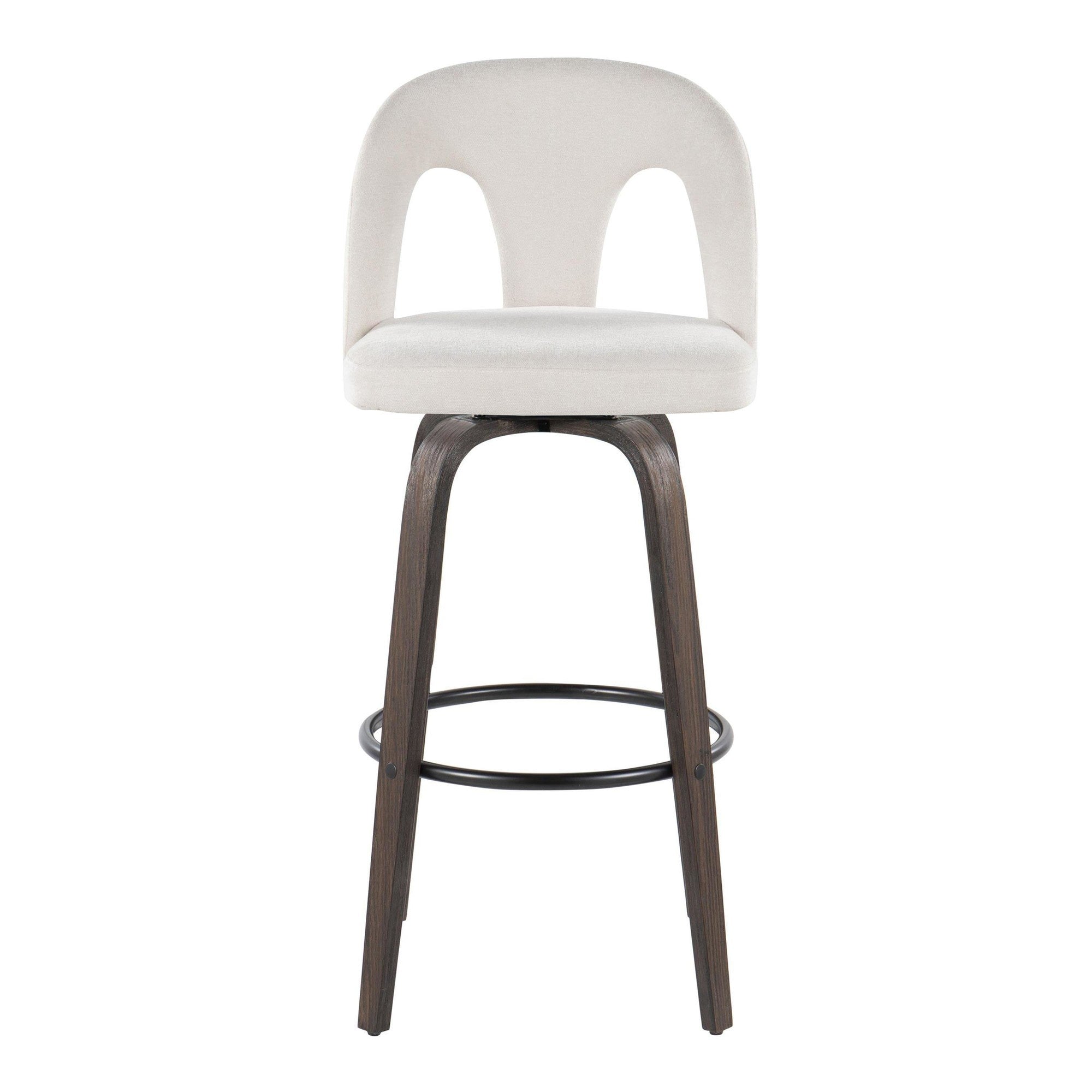 Ava Upholstered 30" Fixed-Height Barstool - Set of 2 - Walnut Glazed Wood, Snow White Fabric, Black Metal