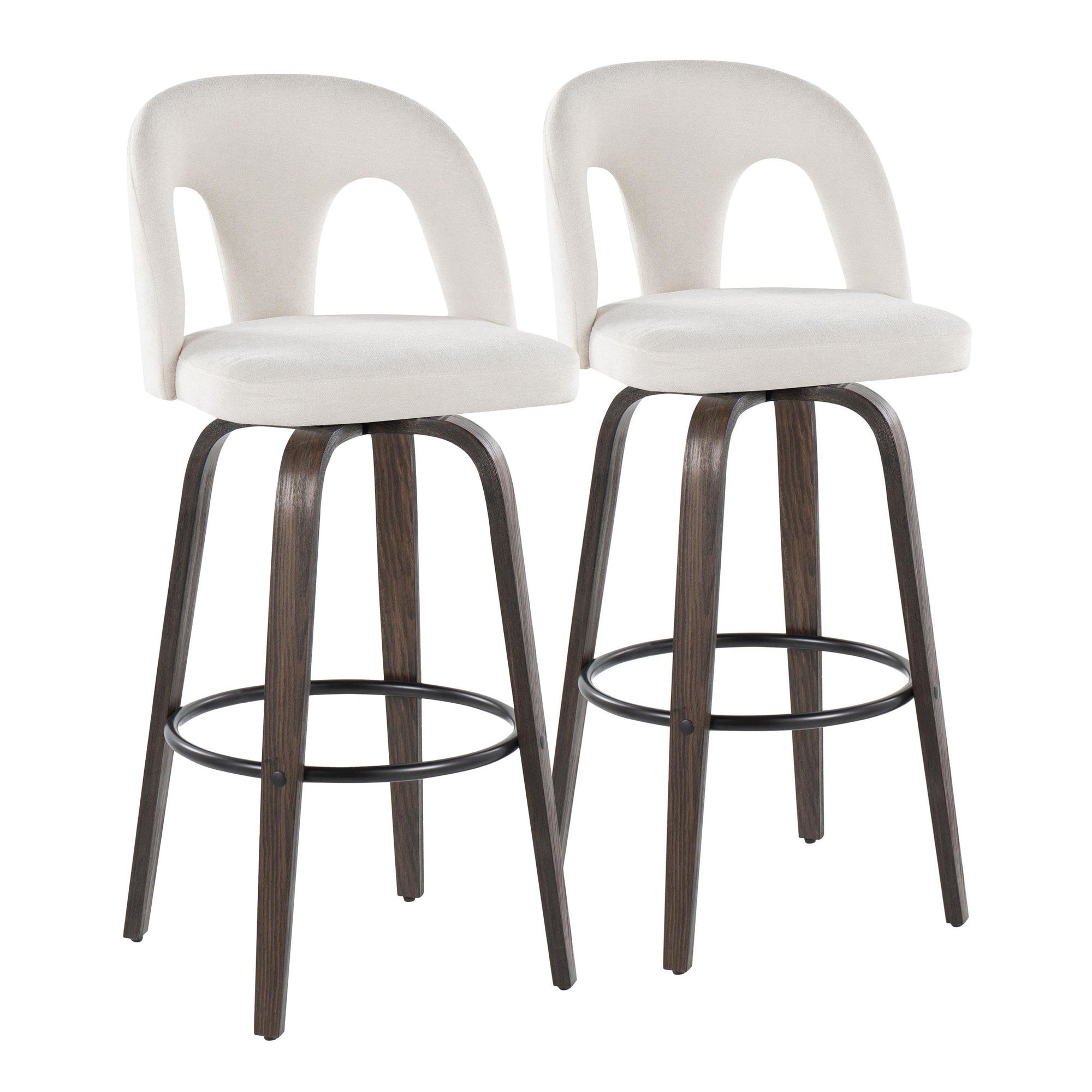 Ava Upholstered 30" Fixed-Height Barstool - Set of 2 - Walnut Glazed Wood, Snow White Fabric, Black Metal