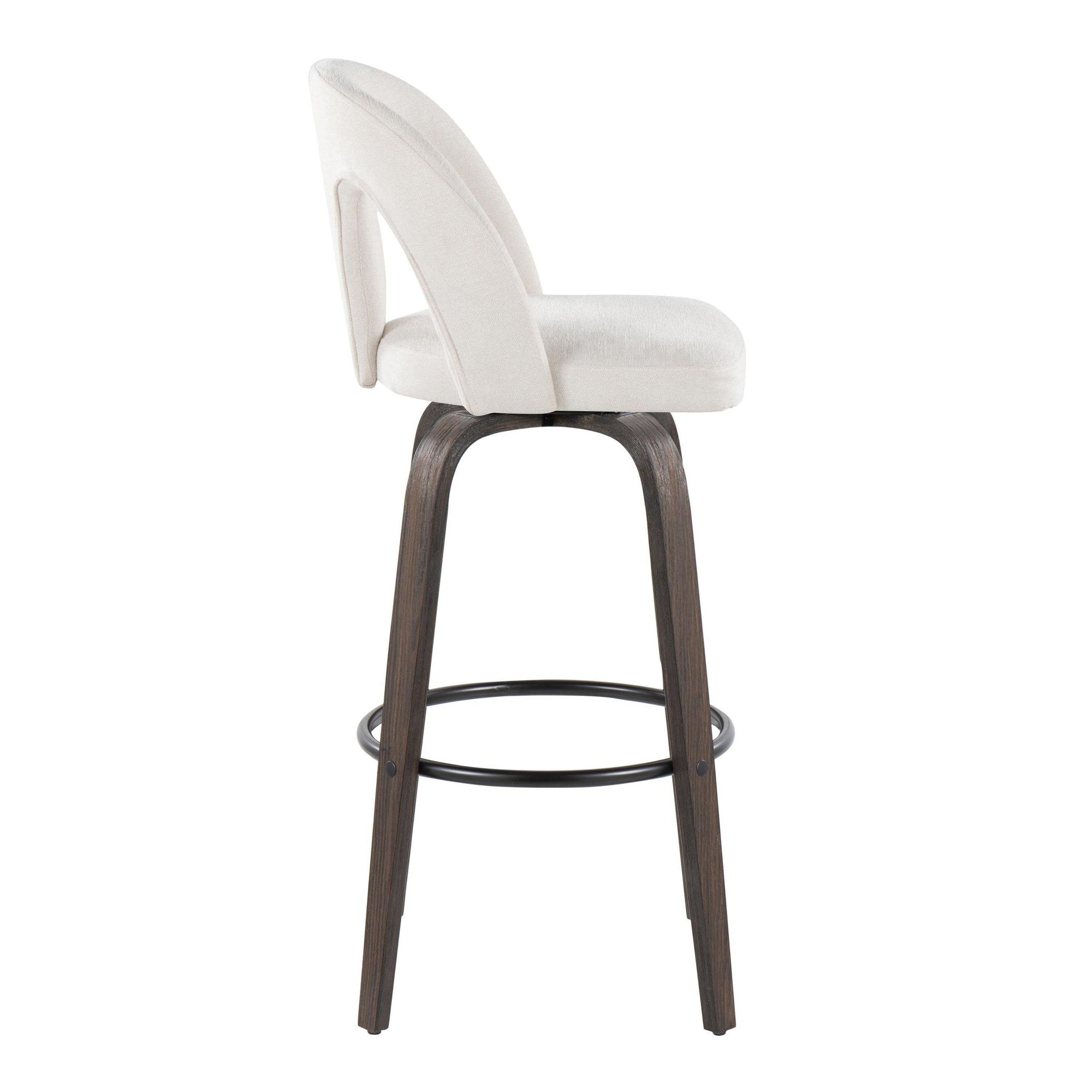 Ava Upholstered 30" Fixed-Height Barstool - Set of 2 - Walnut Glazed Wood, Snow White Fabric, Black Metal