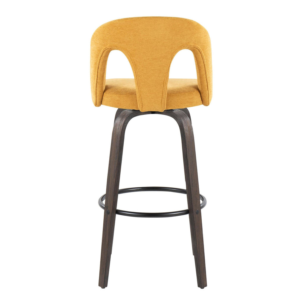 Ava Upholstered 30" Fixed-Height Barstool - Set of 2 - Walnut Glazed Wood, Yellow Fabric, Black Metal