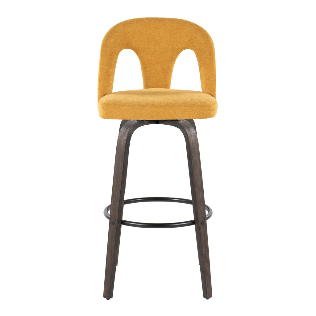 Ava Upholstered 30" Fixed-Height Barstool - Set of 2 - Walnut Glazed Wood, Yellow Fabric, Black Metal