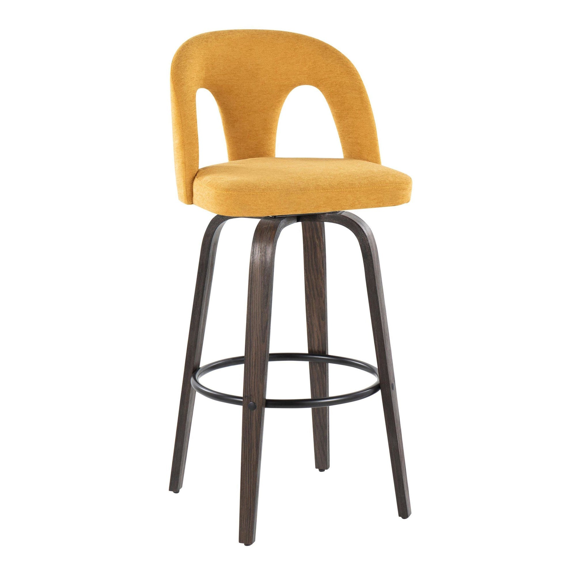Ava Upholstered 30" Fixed-Height Barstool - Set of 2 - Walnut Glazed Wood, Yellow Fabric, Black Metal