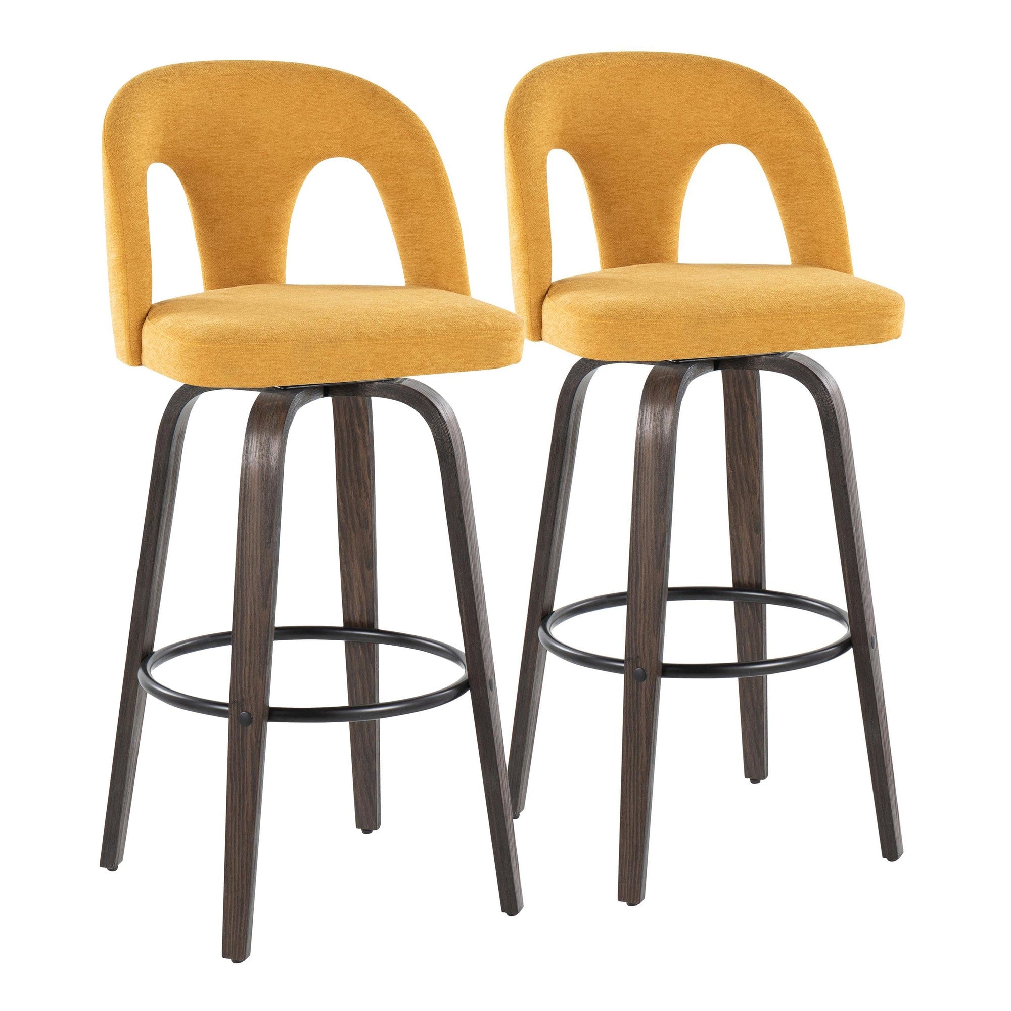 Ava Upholstered 30" Fixed-Height Barstool - Set of 2 - Walnut Glazed Wood, Yellow Fabric, Black Metal