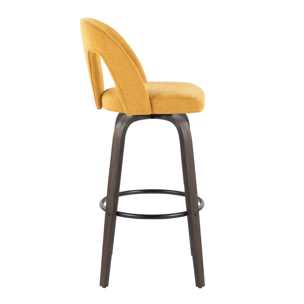 Ava Upholstered 30" Fixed-Height Barstool - Set of 2 - Walnut Glazed Wood, Yellow Fabric, Black Metal