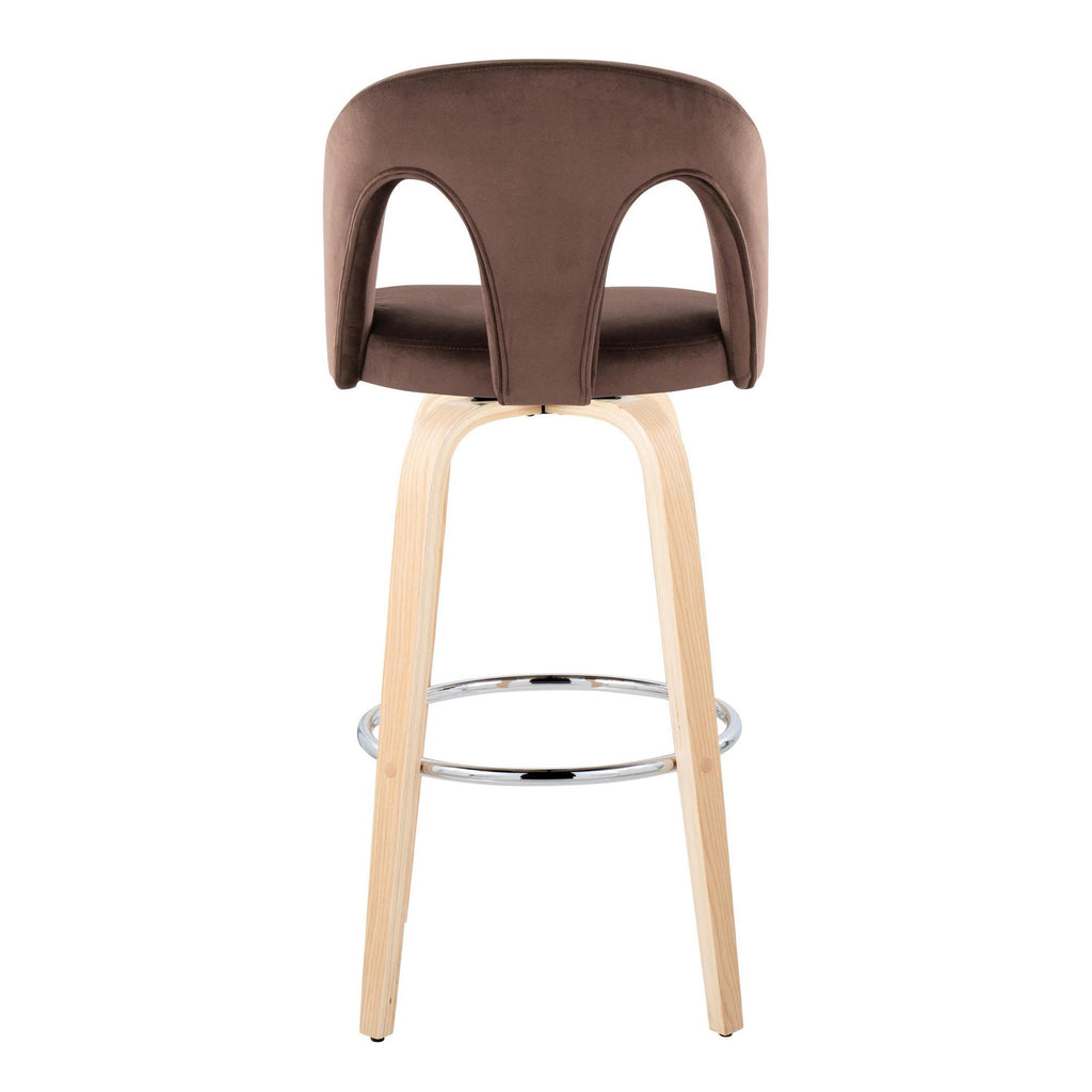 Ava Upholstered 30" Fixed-Height Barstool - Set of 2 - Natural Wood, Espresso Velvet, Chrome Metal
