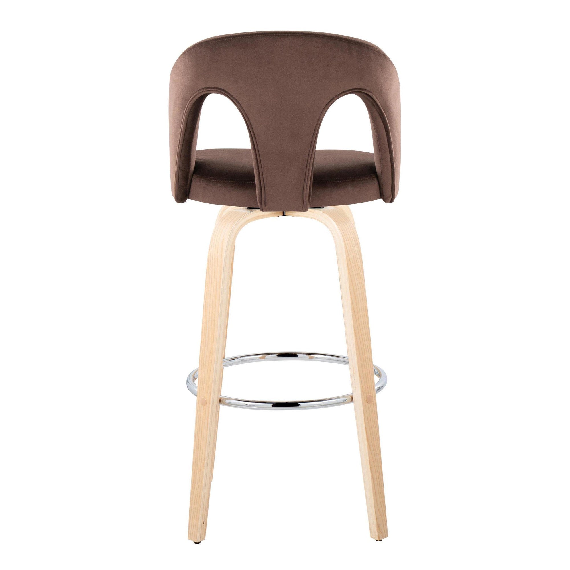 Ava Upholstered 30" Fixed-Height Barstool - Set of 2 - Natural Wood, Espresso Velvet, Chrome Metal