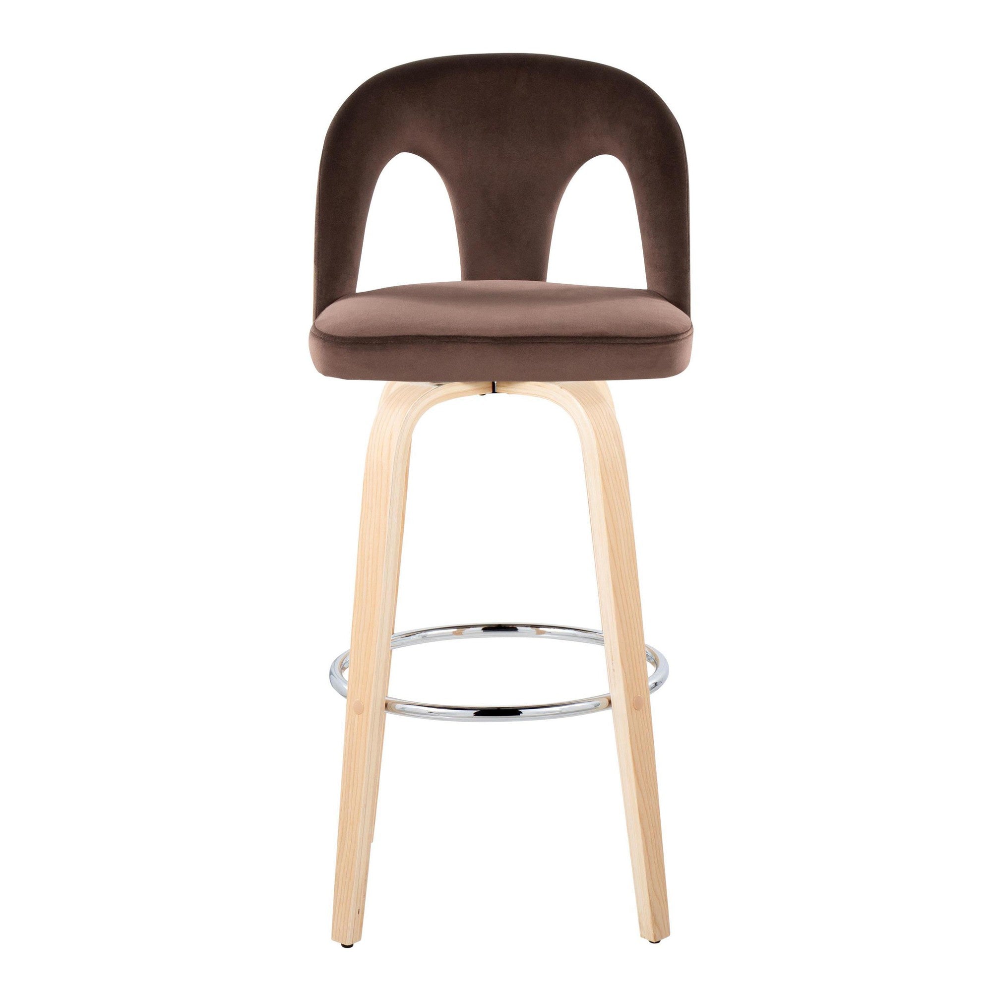 Ava Upholstered 30" Fixed-Height Barstool - Set of 2 - Natural Wood, Espresso Velvet, Chrome Metal