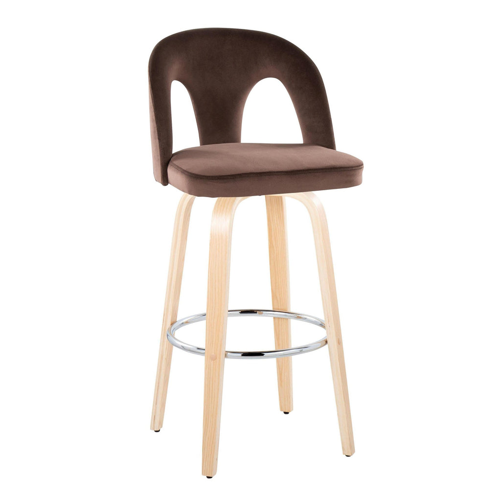 Ava Upholstered 30" Fixed-Height Barstool - Set of 2 - Natural Wood, Espresso Velvet, Chrome Metal