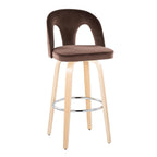 Ava Upholstered 30" Fixed-Height Barstool - Set of 2 - Natural Wood, Espresso Velvet, Chrome Metal