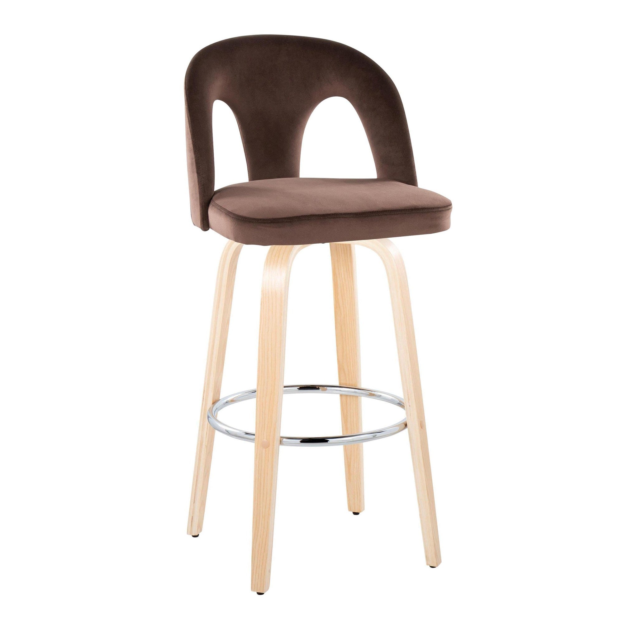 Ava Upholstered 30" Fixed-Height Barstool - Set of 2 - Natural Wood, Espresso Velvet, Chrome Metal