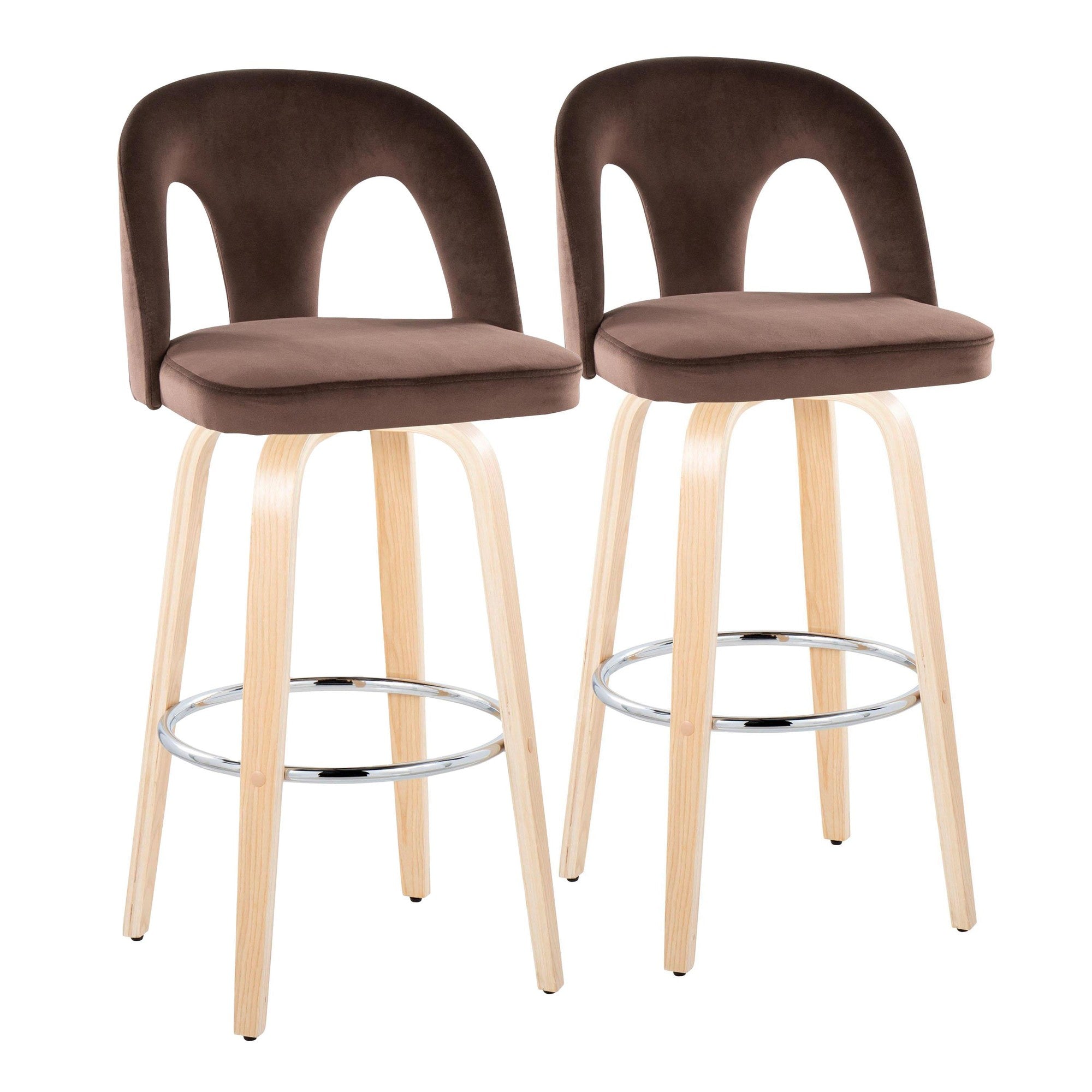 Ava Upholstered 30" Fixed-Height Barstool - Set of 2 - Natural Wood, Espresso Velvet, Chrome Metal