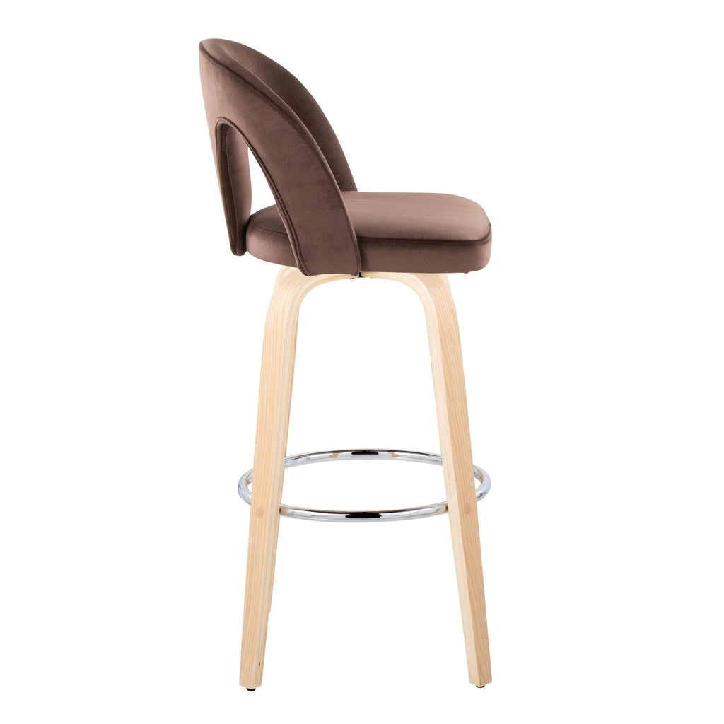 Ava Upholstered 30" Fixed-Height Barstool - Set of 2 - Natural Wood, Espresso Velvet, Chrome Metal