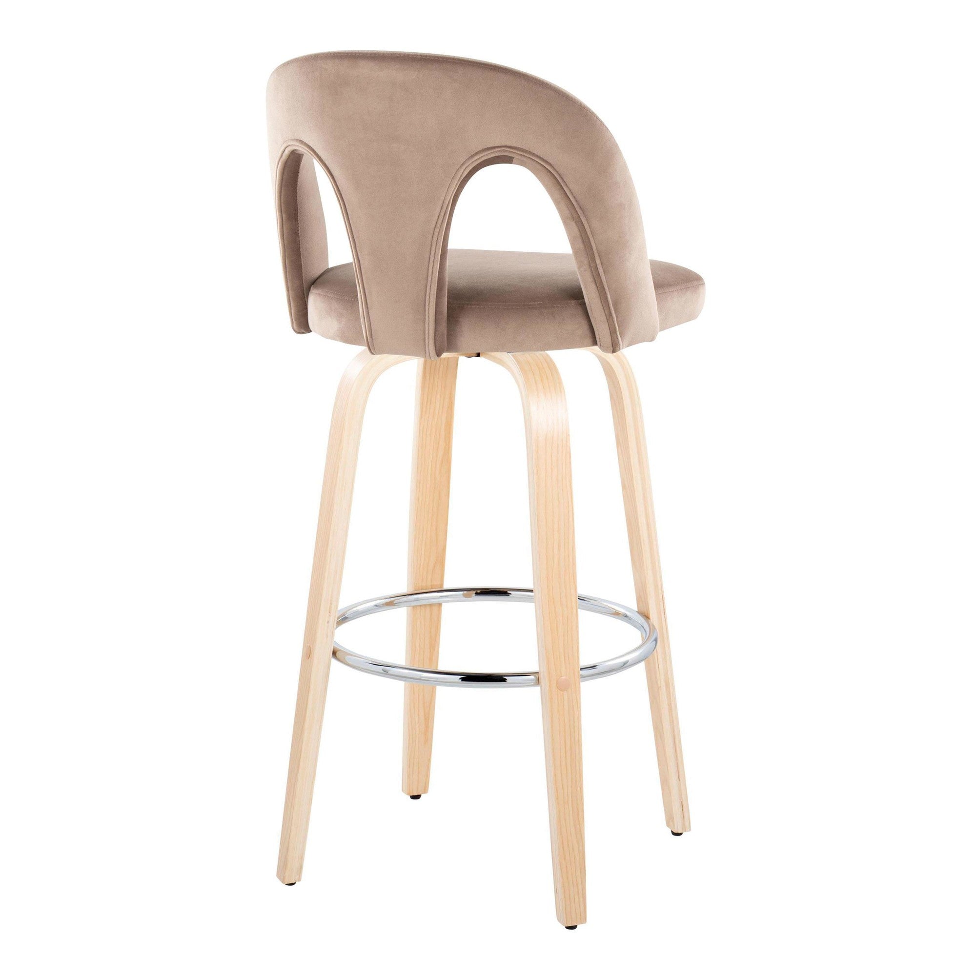 Ava Upholstered 30" Fixed-Height Barstool - Set of 2 - Natural Wood, Taupe Velvet, Chrome Metal
