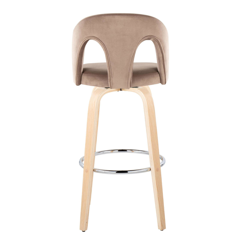 Ava Upholstered 30" Fixed-Height Barstool - Set of 2 - Natural Wood, Taupe Velvet, Chrome Metal