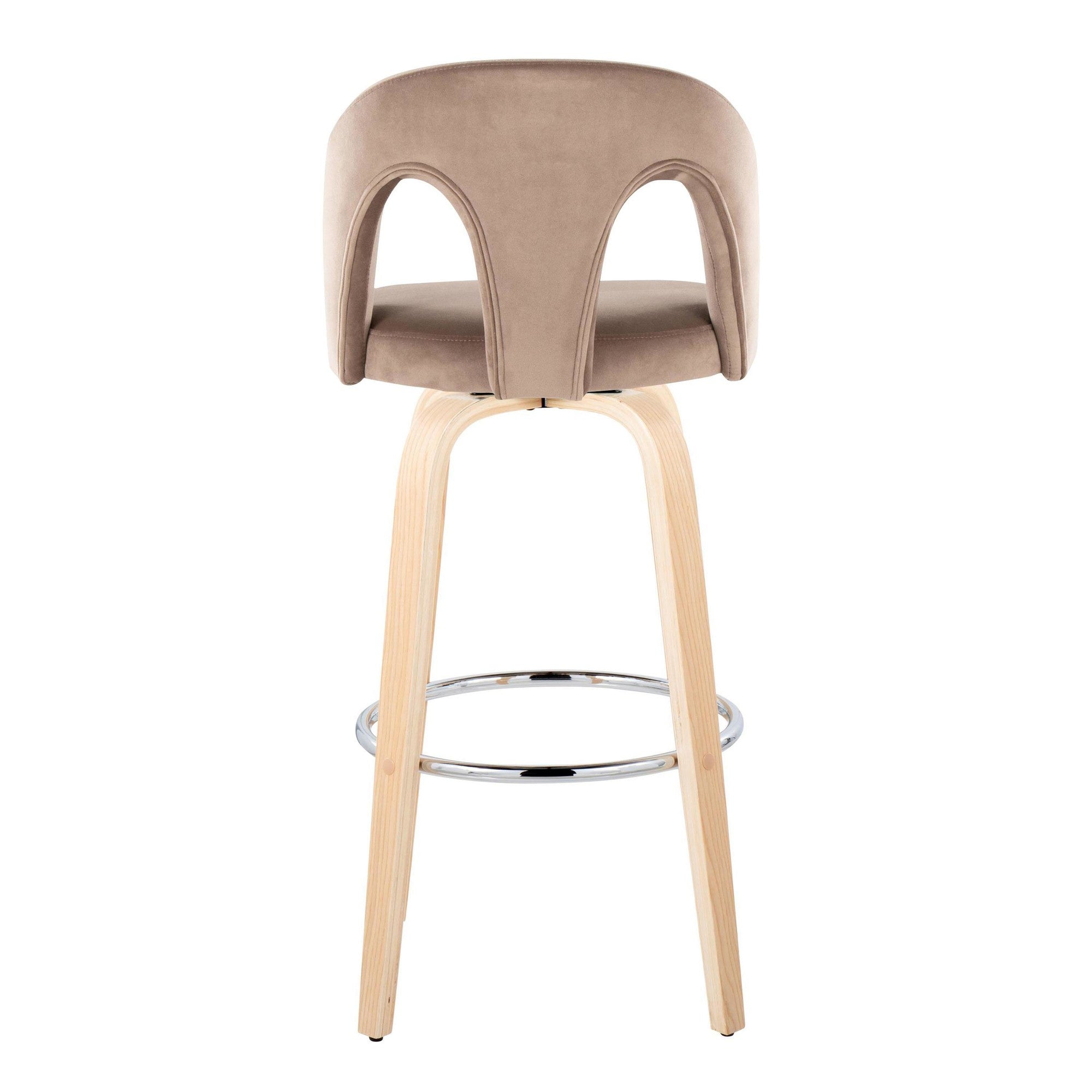 Ava Upholstered 30" Fixed-Height Barstool - Set of 2 - Natural Wood, Taupe Velvet, Chrome Metal