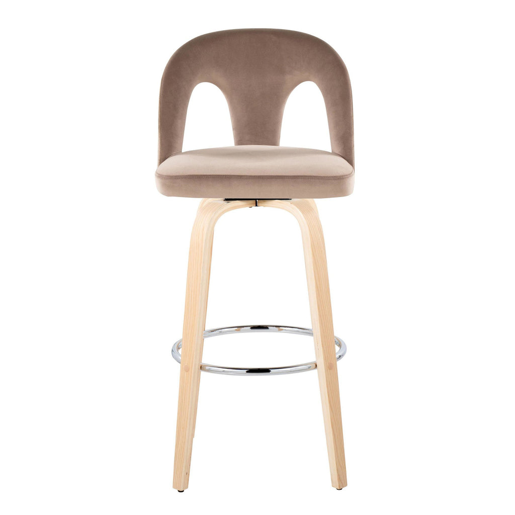 Ava Upholstered 30" Fixed-Height Barstool - Set of 2 - Natural Wood, Taupe Velvet, Chrome Metal