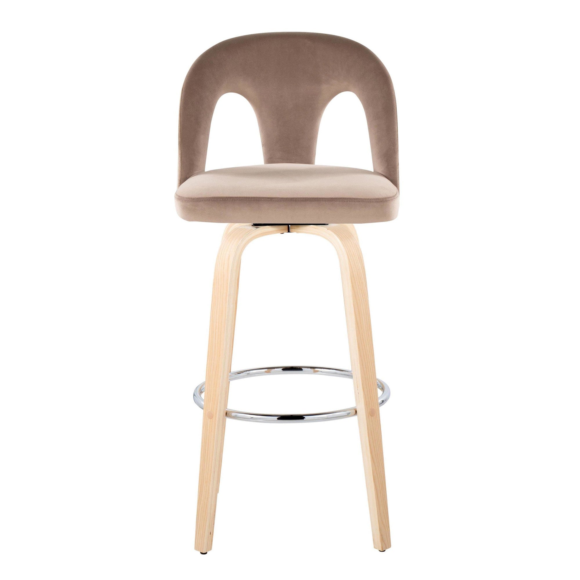Ava Upholstered 30" Fixed-Height Barstool - Set of 2 - Natural Wood, Taupe Velvet, Chrome Metal