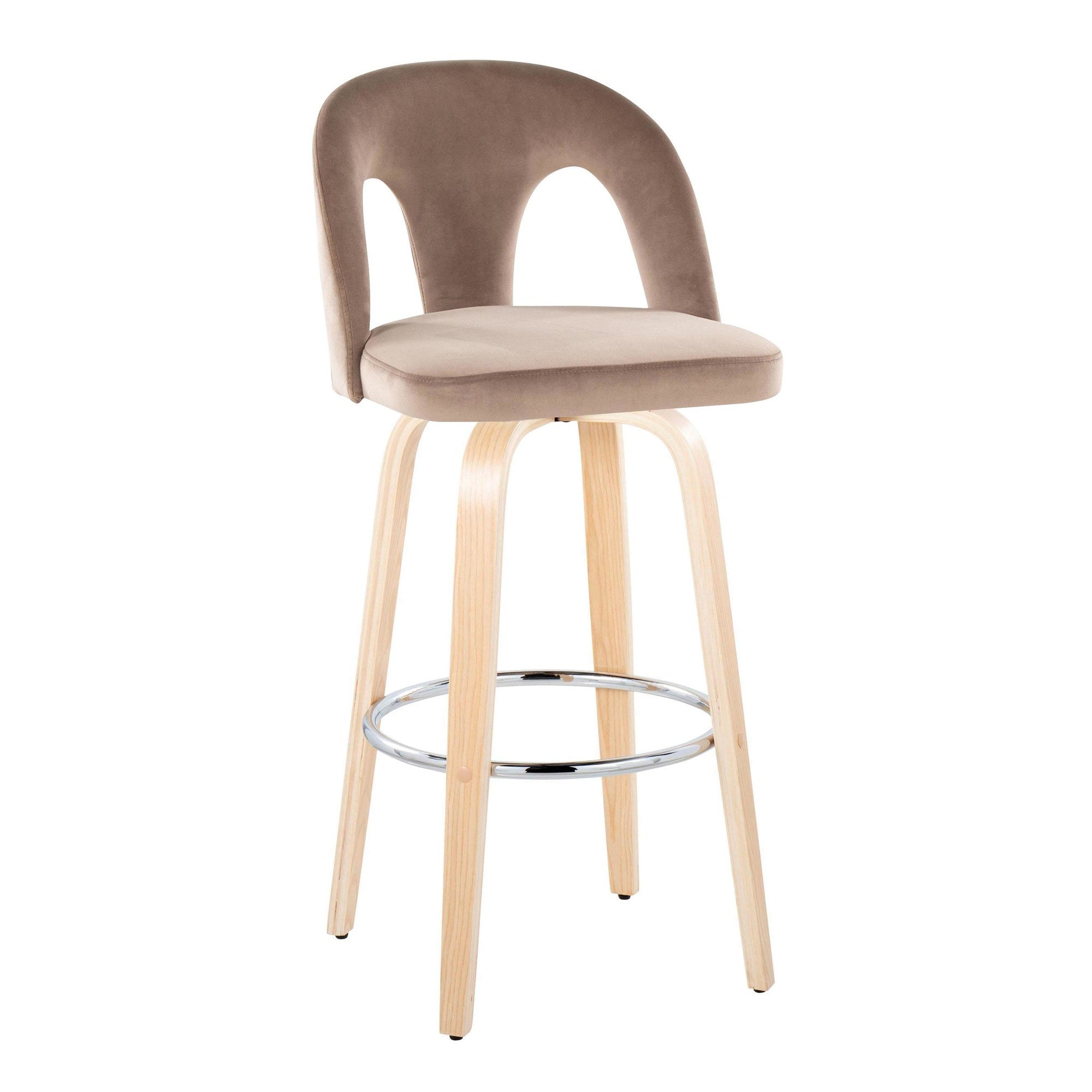 Ava Upholstered 30" Fixed-Height Barstool - Set of 2 - Natural Wood, Taupe Velvet, Chrome Metal