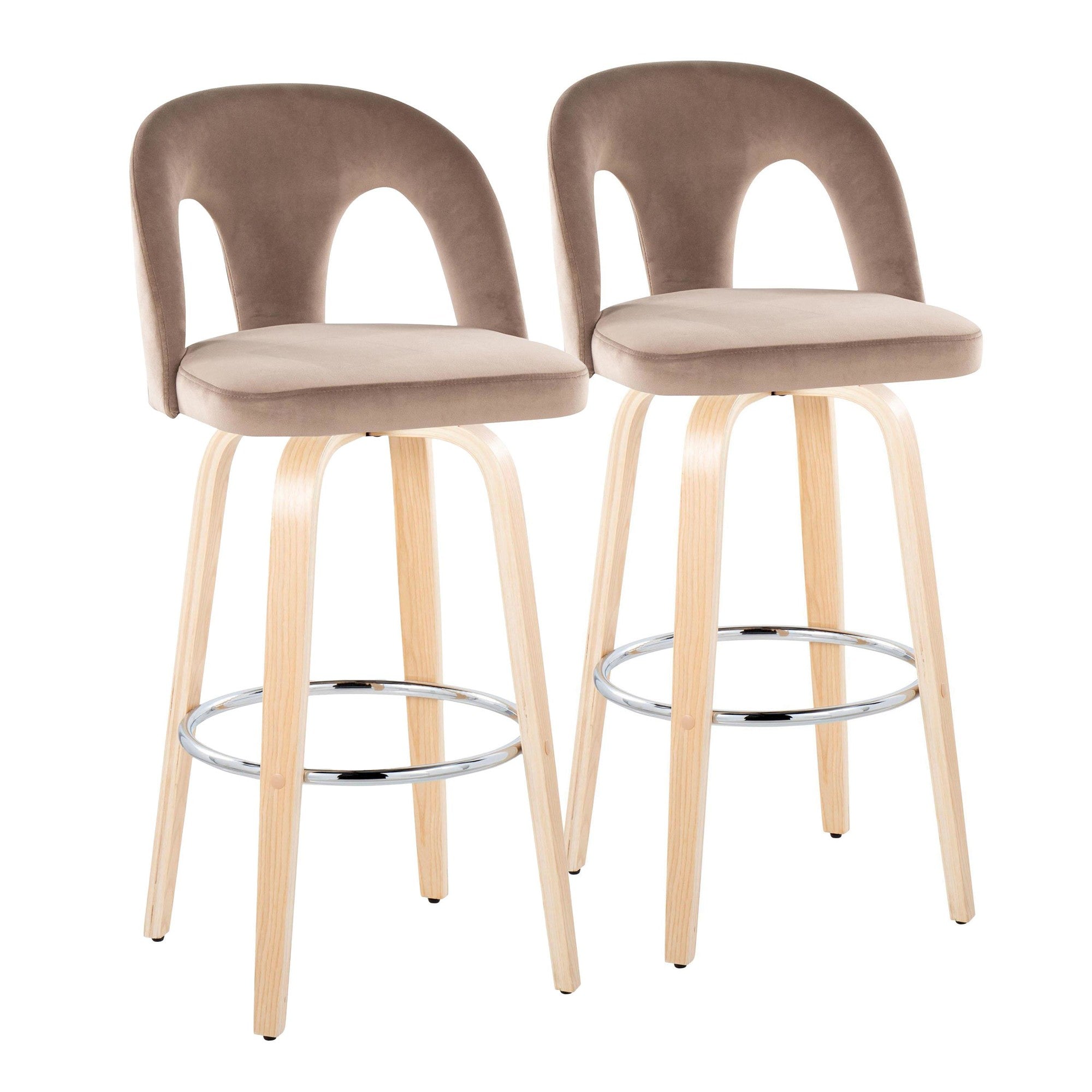 Ava Upholstered 30" Fixed-Height Barstool - Set of 2 - Natural Wood, Taupe Velvet, Chrome Metal