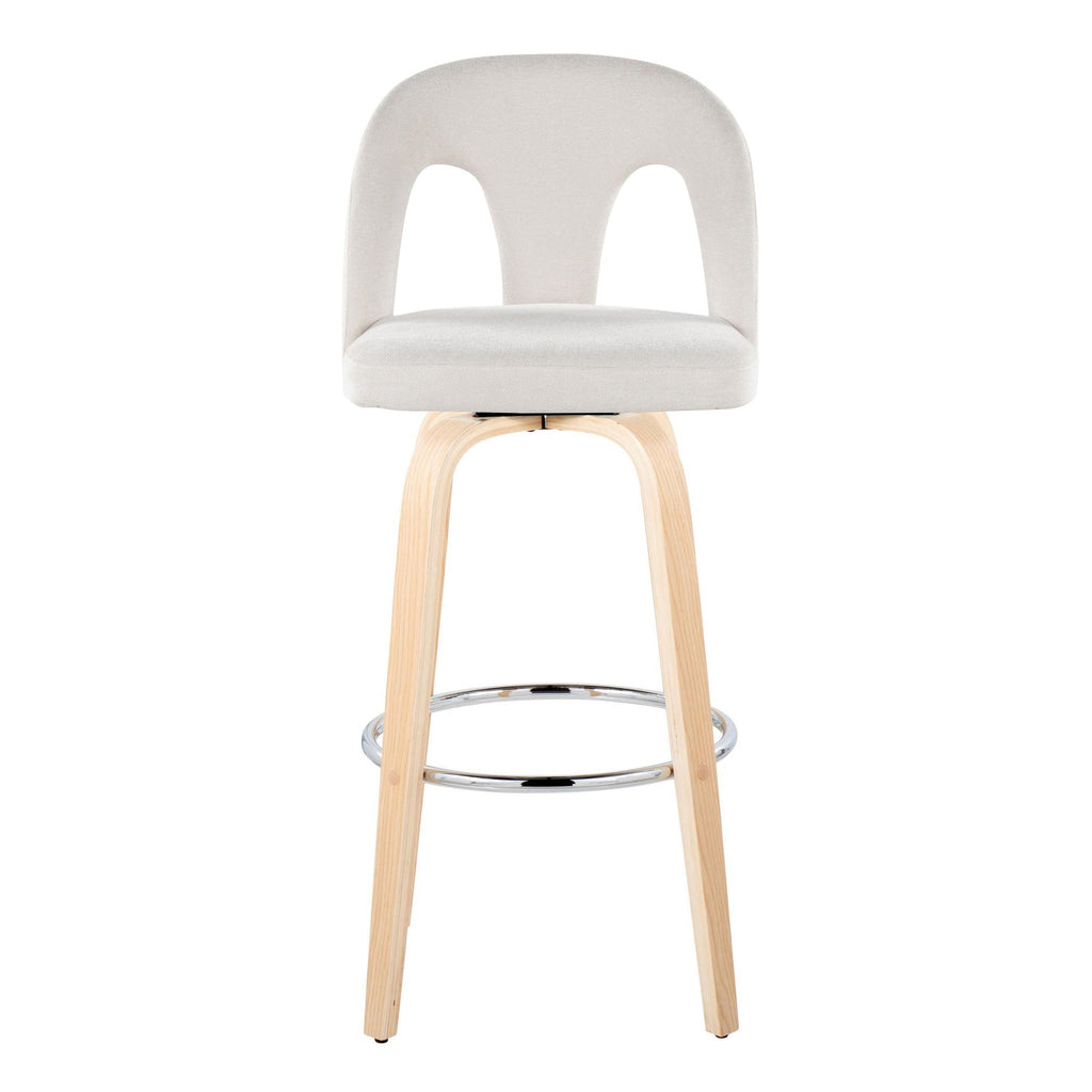 Ava Upholstered 30" Fixed-Height Barstool - Set of 2 - Natural Wood, Snow White Fabric, Chrome Metal