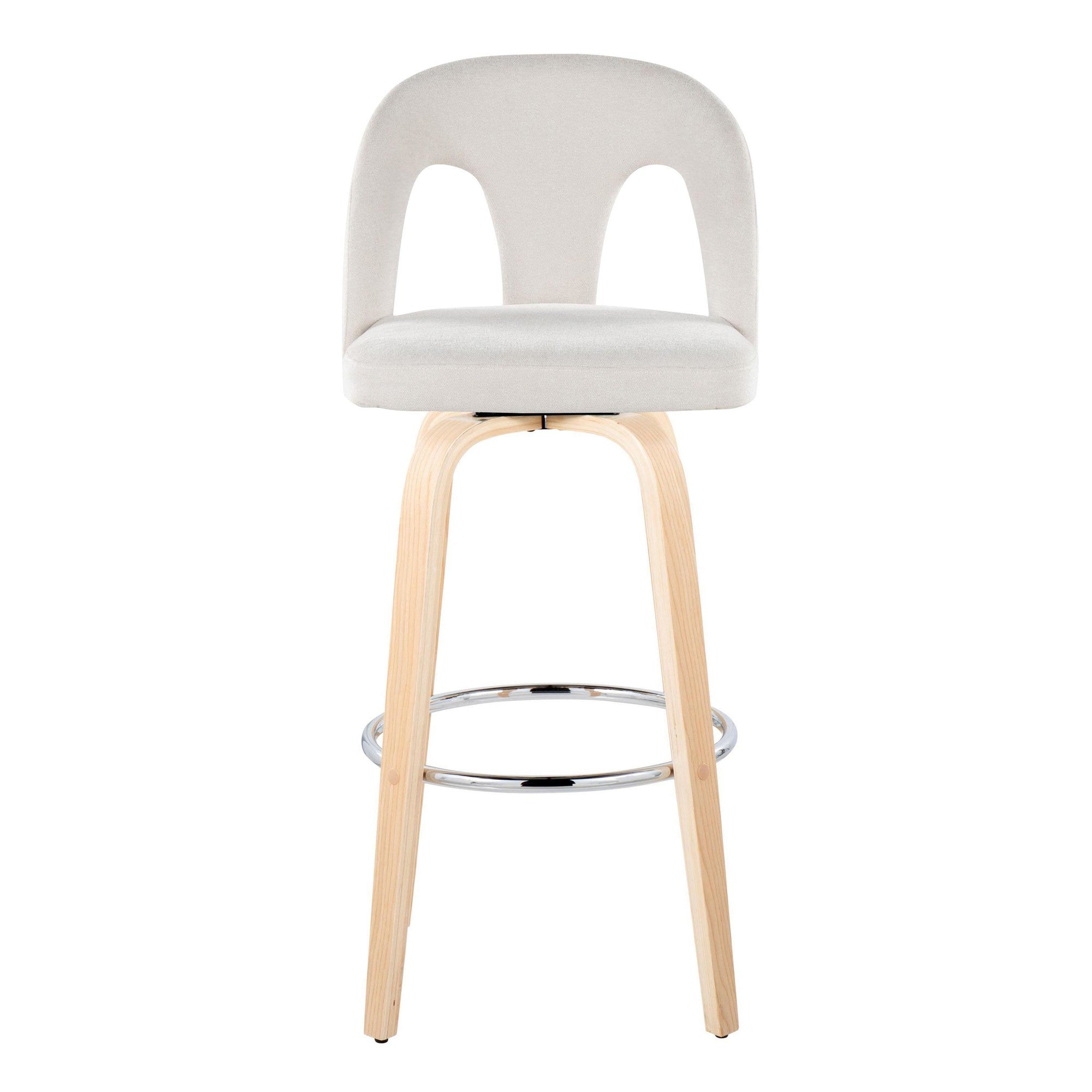 Ava Upholstered 30" Fixed-Height Barstool - Set of 2 - Natural Wood, Snow White Fabric, Chrome Metal