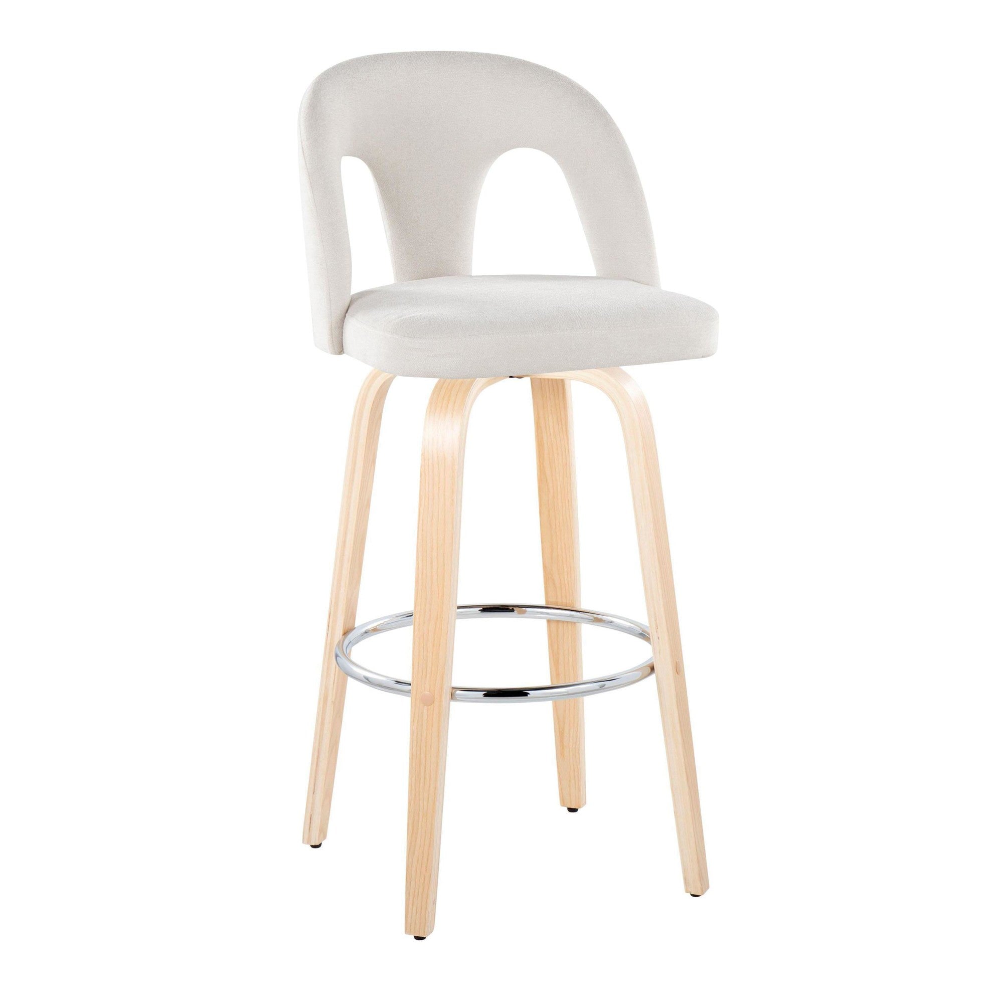 Ava Upholstered 30" Fixed-Height Barstool - Set of 2 - Natural Wood, Snow White Fabric, Chrome Metal