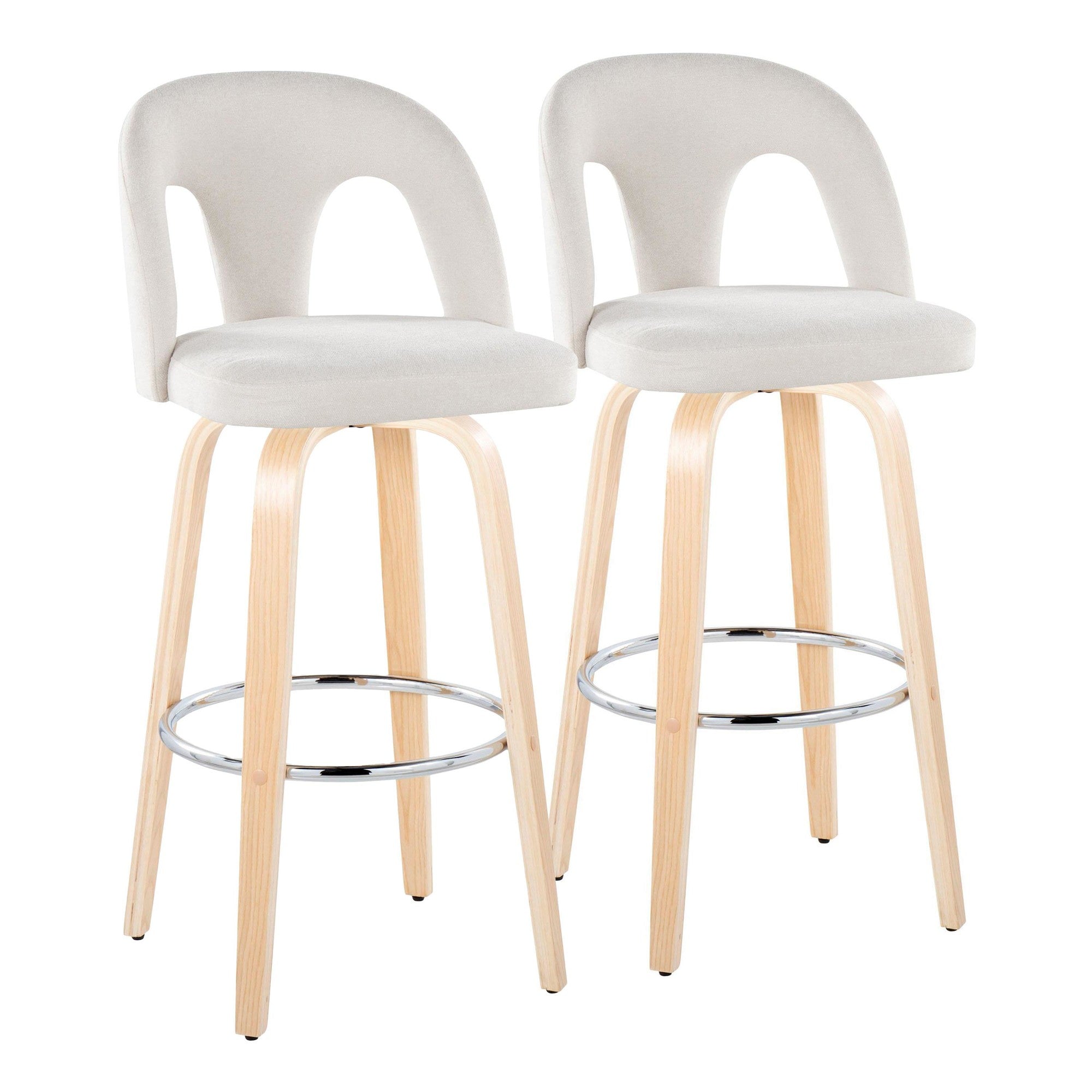 Ava Upholstered 30" Fixed-Height Barstool - Set of 2 - Natural Wood, Snow White Fabric, Chrome Metal