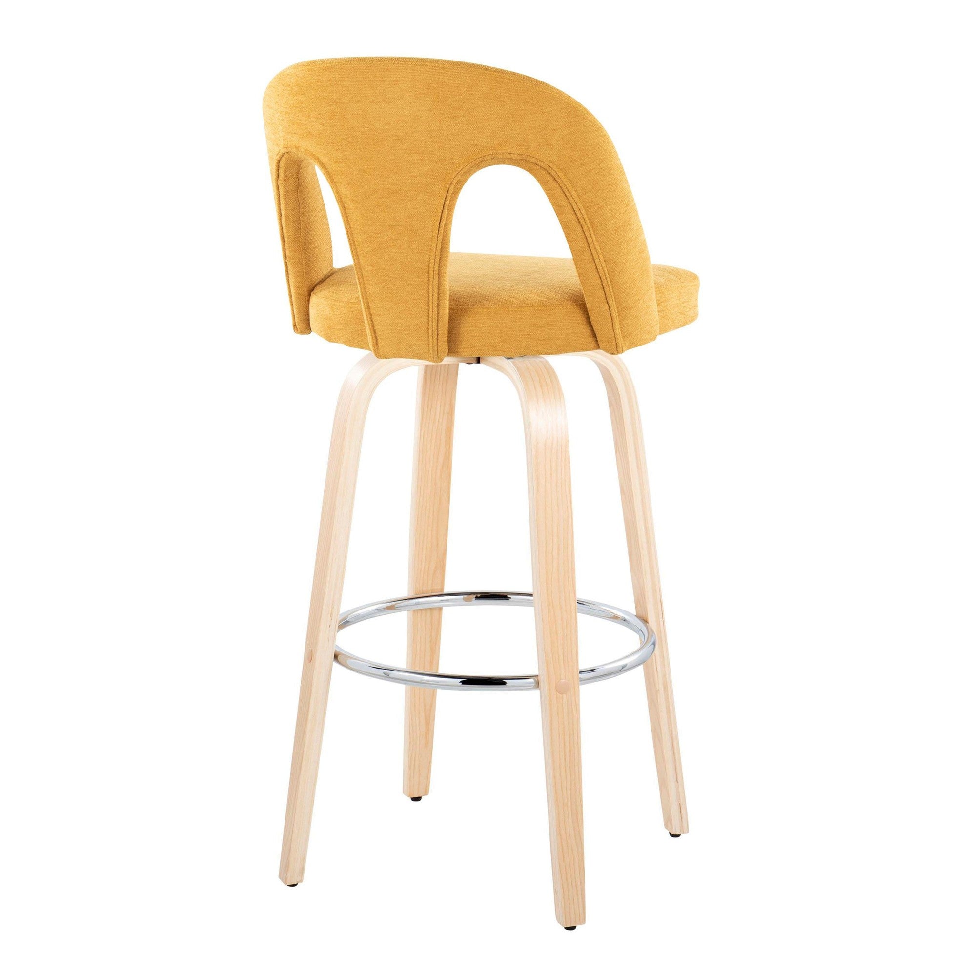 Ava Upholstered 30" Fixed-Height Barstool - Set of 2 - Natural Wood, Yellow Fabric, Chrome Metal