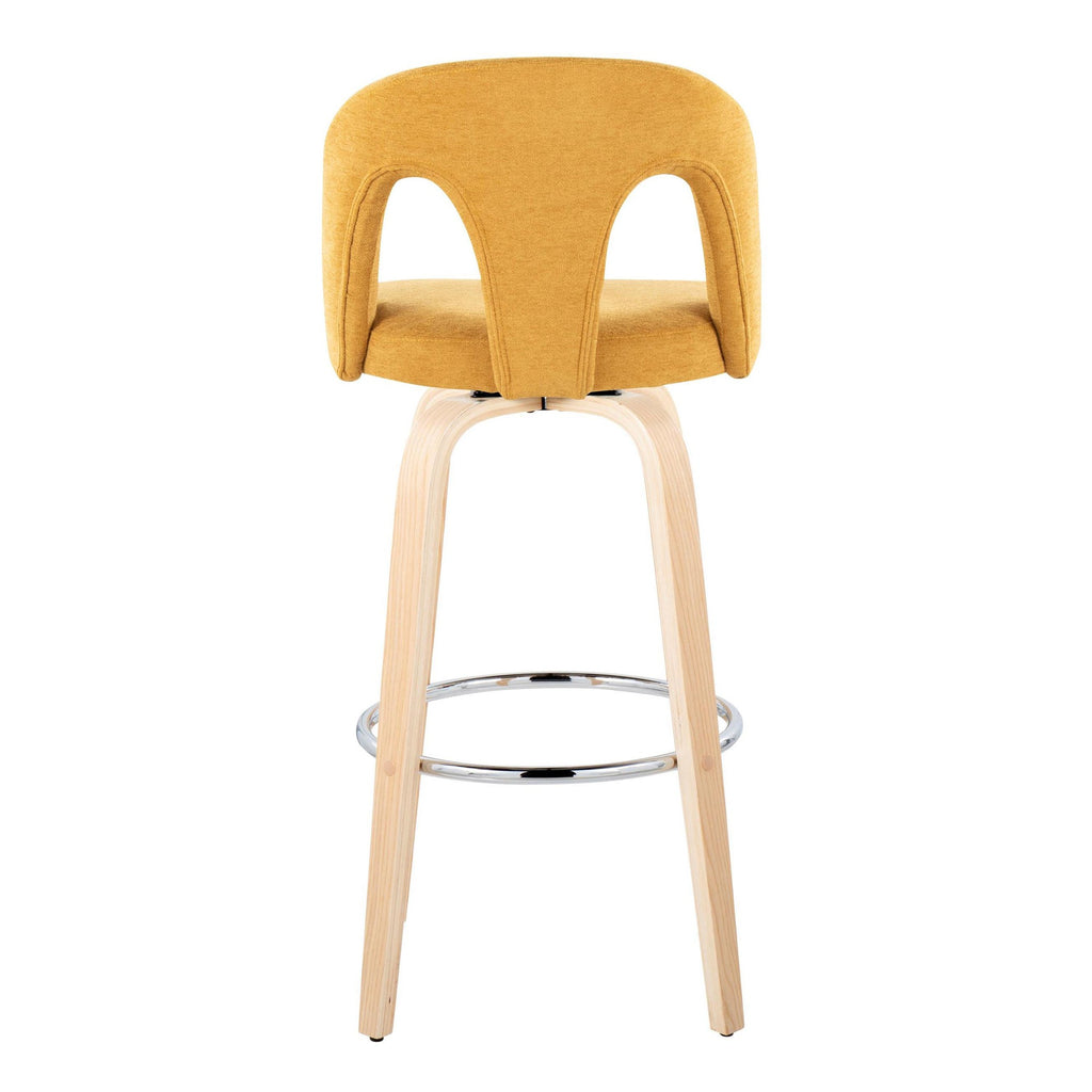 Ava Upholstered 30" Fixed-Height Barstool - Set of 2 - Natural Wood, Yellow Fabric, Chrome Metal