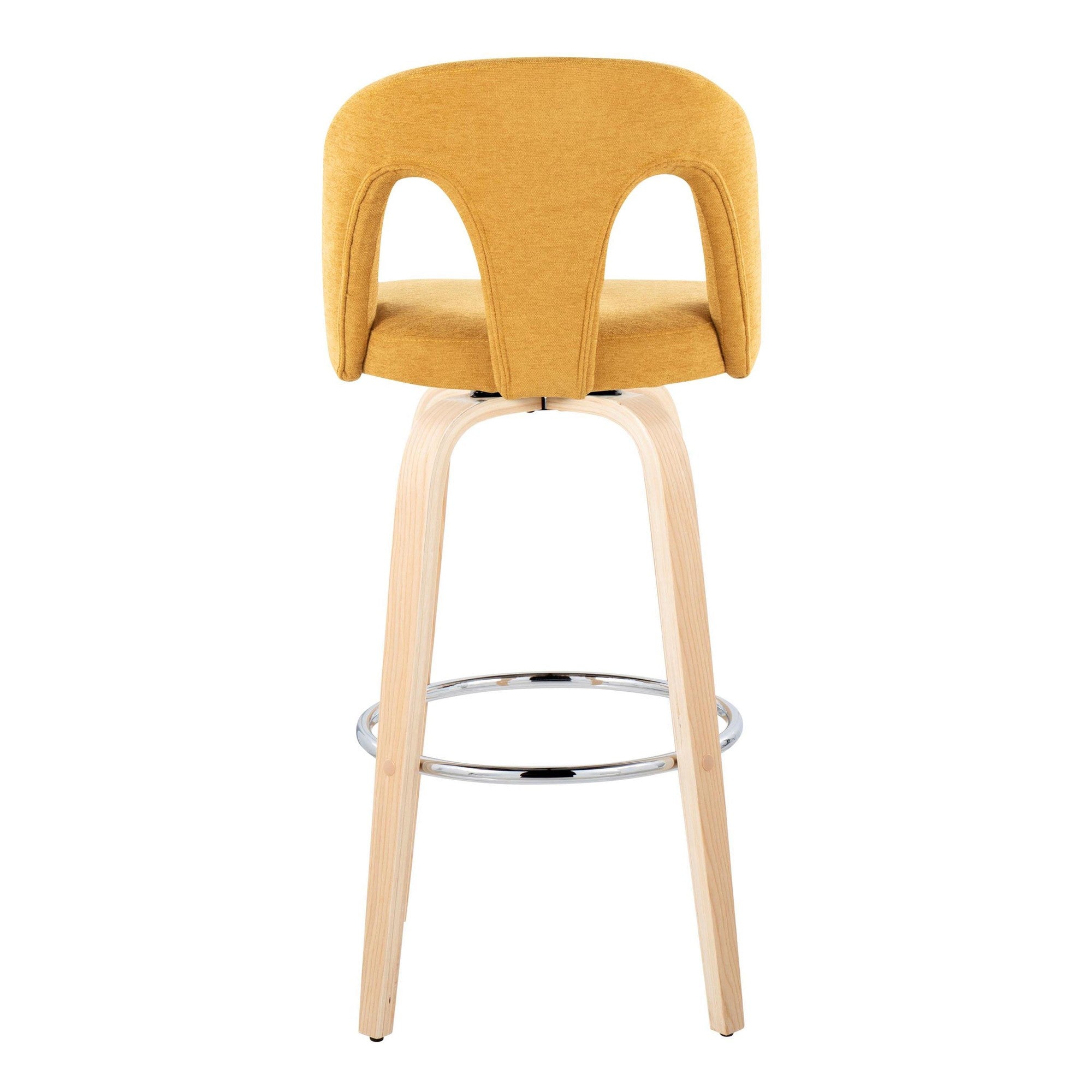 Ava Upholstered 30" Fixed-Height Barstool - Set of 2 - Natural Wood, Yellow Fabric, Chrome Metal