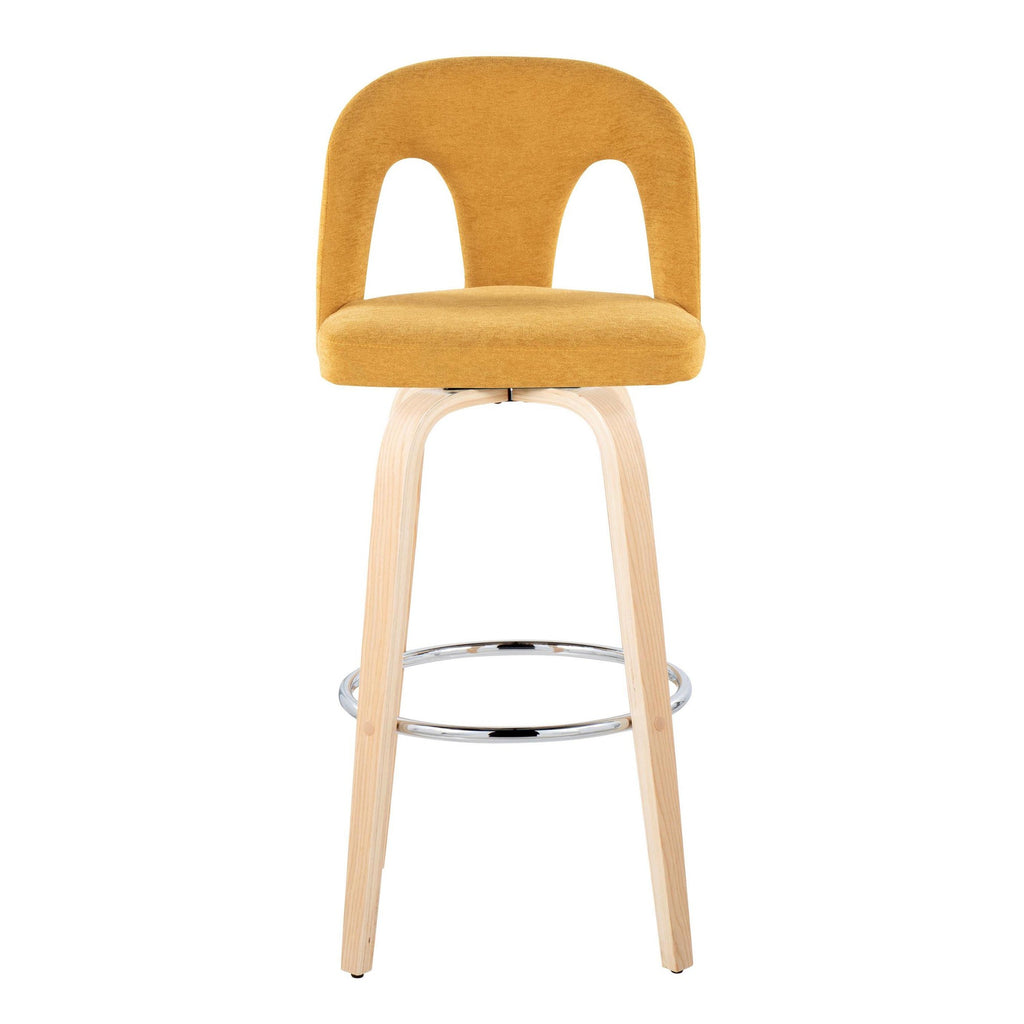 Ava Upholstered 30" Fixed-Height Barstool - Set of 2 - Natural Wood, Yellow Fabric, Chrome Metal