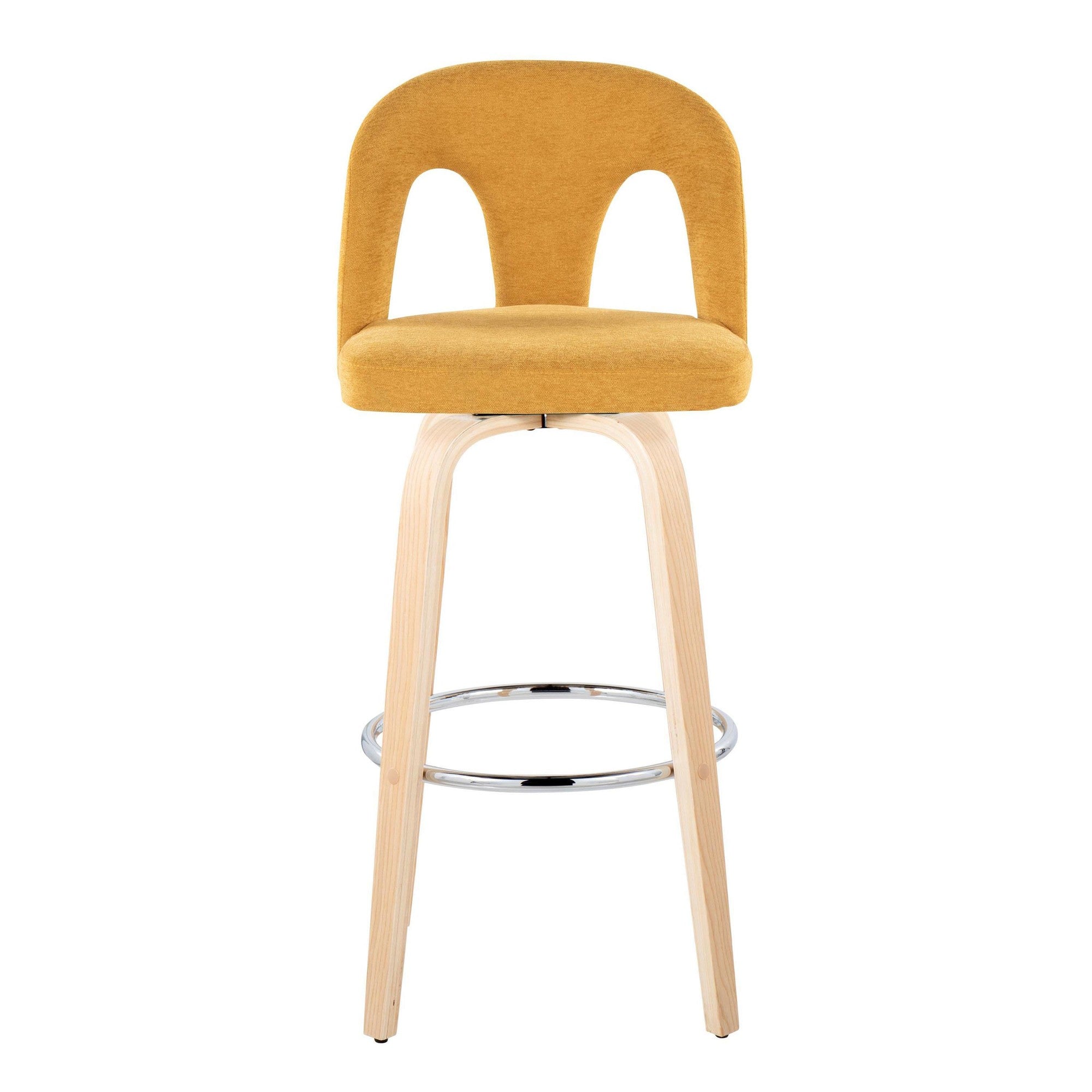 Ava Upholstered 30" Fixed-Height Barstool - Set of 2 - Natural Wood, Yellow Fabric, Chrome Metal