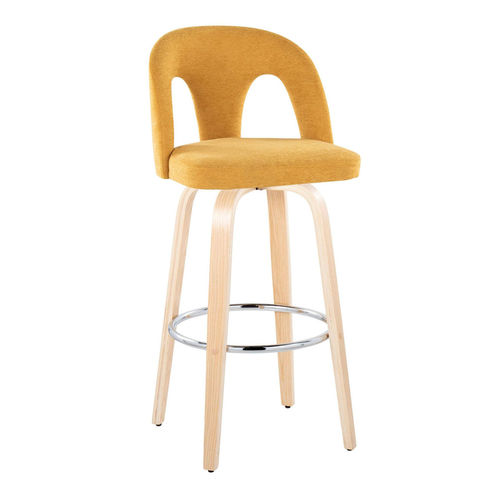 Ava Upholstered 30" Fixed-Height Barstool - Set of 2 - Natural Wood, Yellow Fabric, Chrome Metal