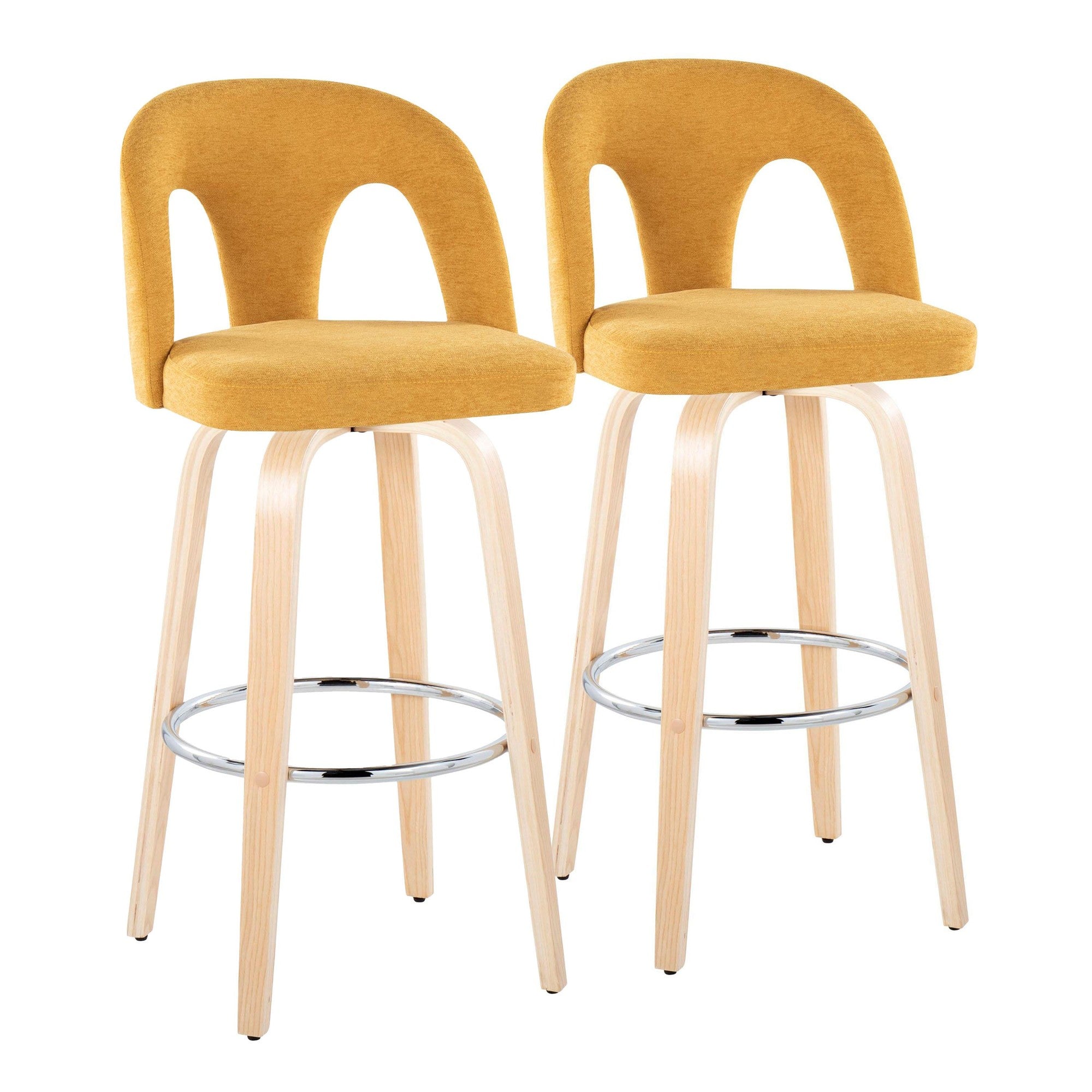 Ava Upholstered 30" Fixed-Height Barstool - Set of 2 - Natural Wood, Yellow Fabric, Chrome Metal