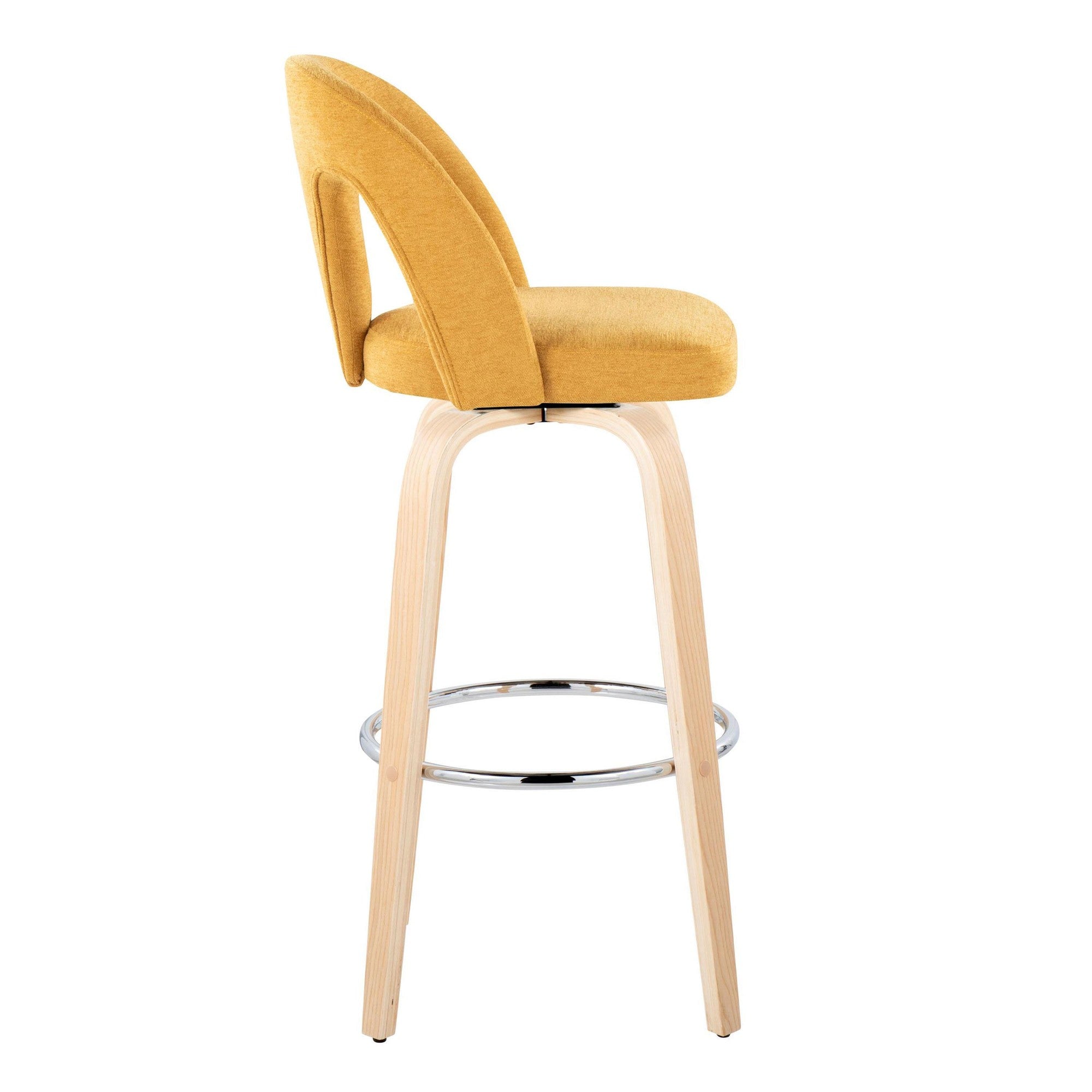 Ava Upholstered 30" Fixed-Height Barstool - Set of 2 - Natural Wood, Yellow Fabric, Chrome Metal