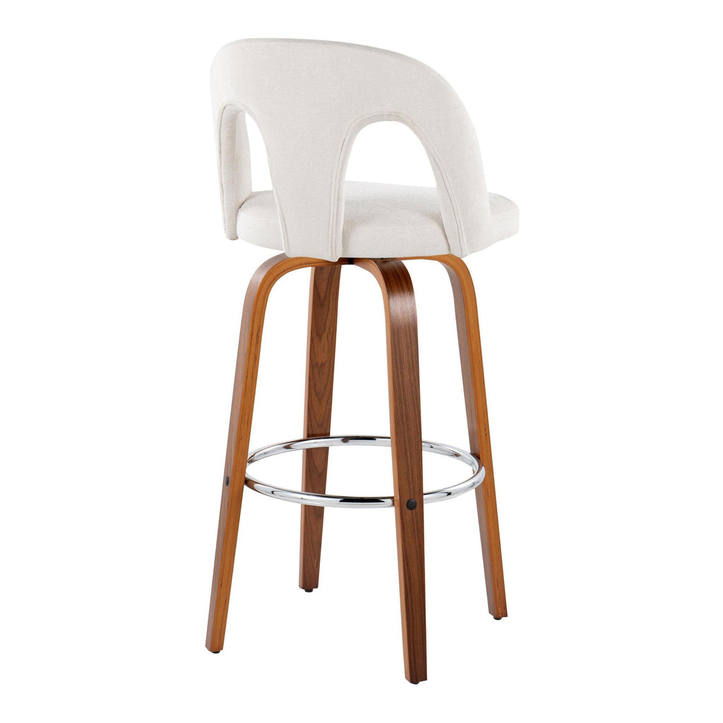 Ava Upholstered 30" Fixed-Height Barstool - Set of 2 - Walnut Wood, Snow White Fabric, Chrome Metal