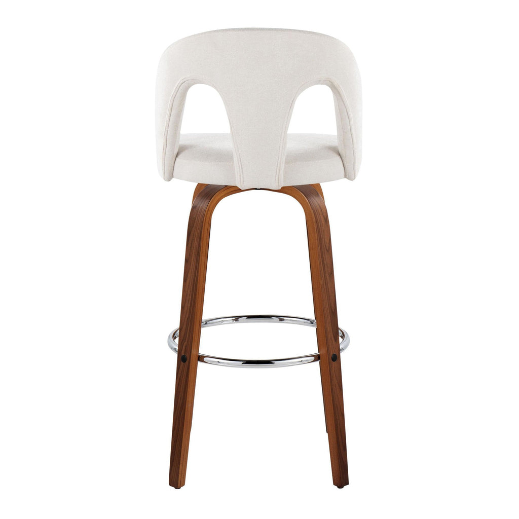 Ava Upholstered 30" Fixed-Height Barstool - Set of 2 - Walnut Wood, Snow White Fabric, Chrome Metal