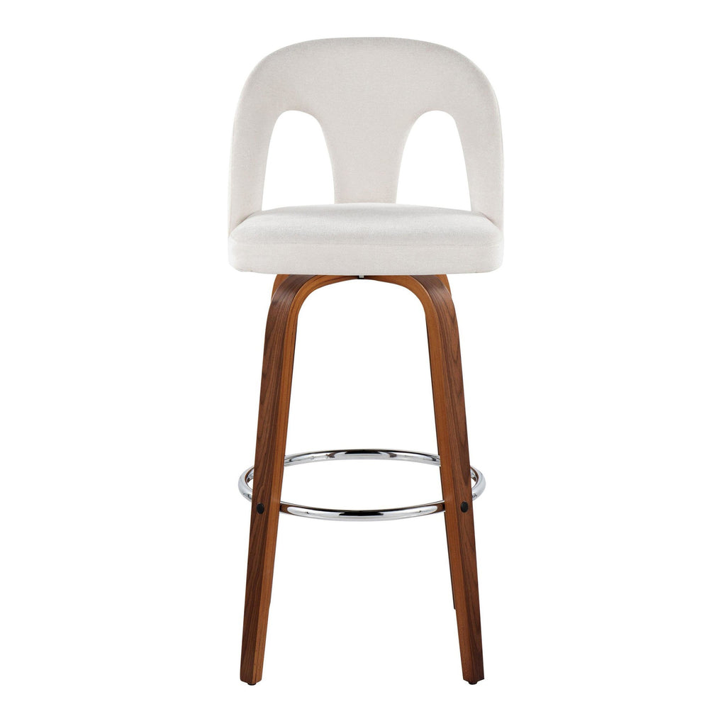 Ava Upholstered 30" Fixed-Height Barstool - Set of 2 - Walnut Wood, Snow White Fabric, Chrome Metal