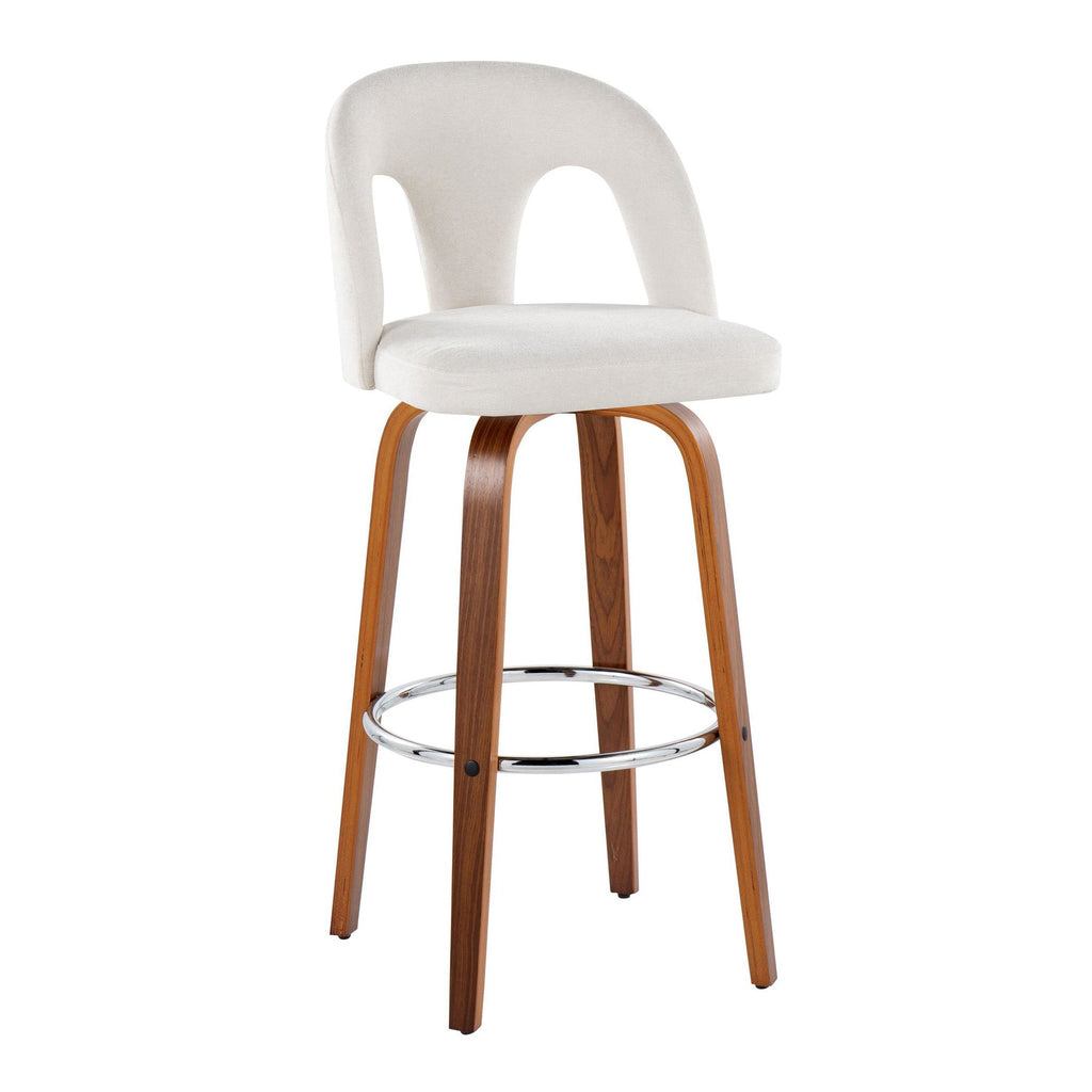 Ava Upholstered 30" Fixed-Height Barstool - Set of 2 - Walnut Wood, Snow White Fabric, Chrome Metal
