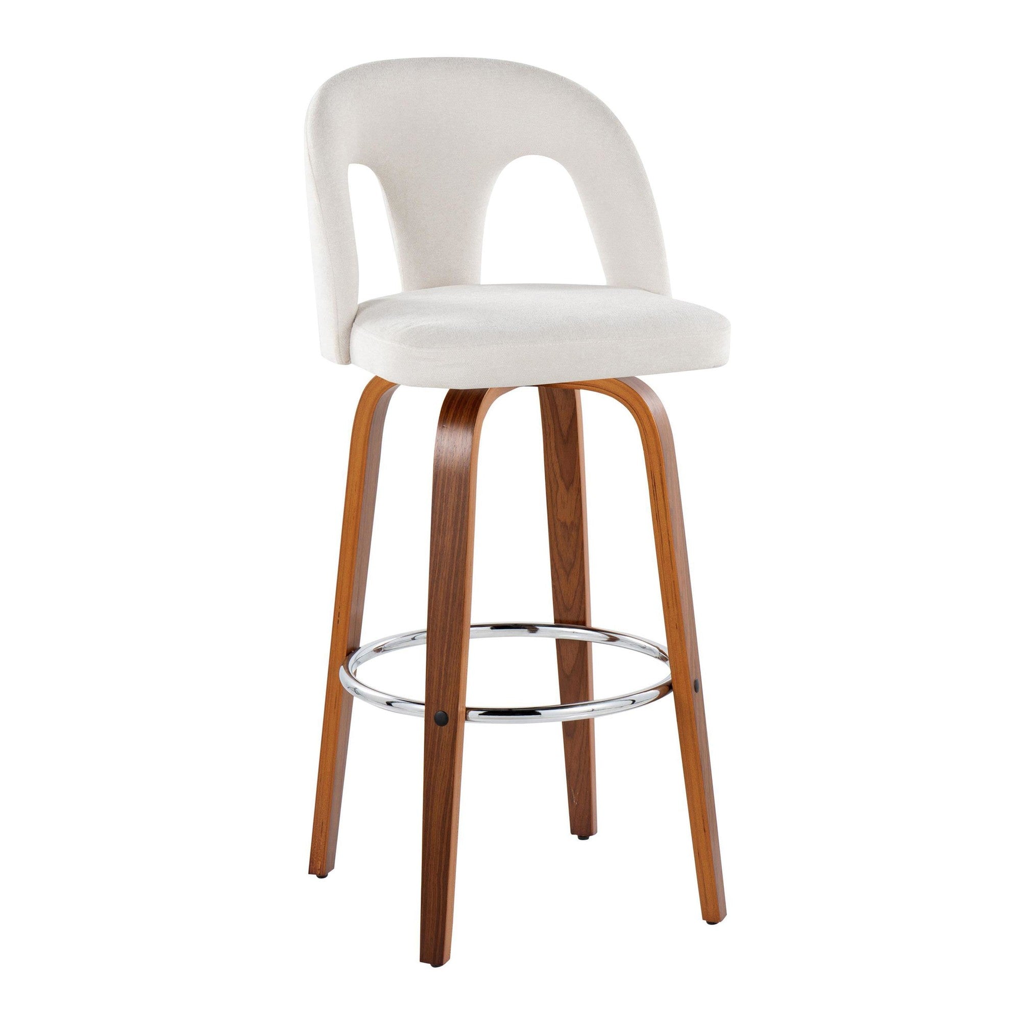 Ava Upholstered 30" Fixed-Height Barstool - Set of 2 - Walnut Wood, Snow White Fabric, Chrome Metal