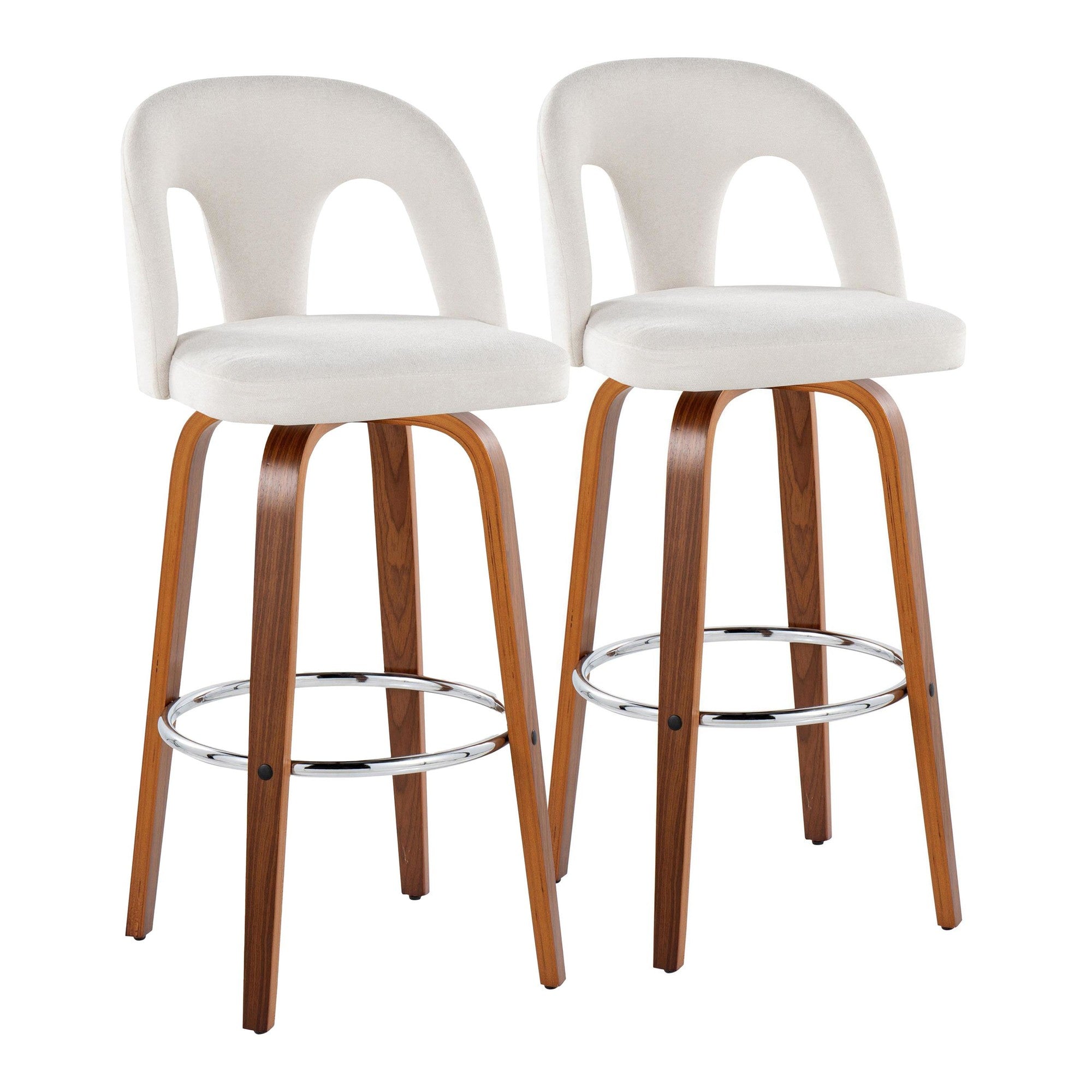 Ava Upholstered 30" Fixed-Height Barstool - Set of 2 - Walnut Wood, Snow White Fabric, Chrome Metal