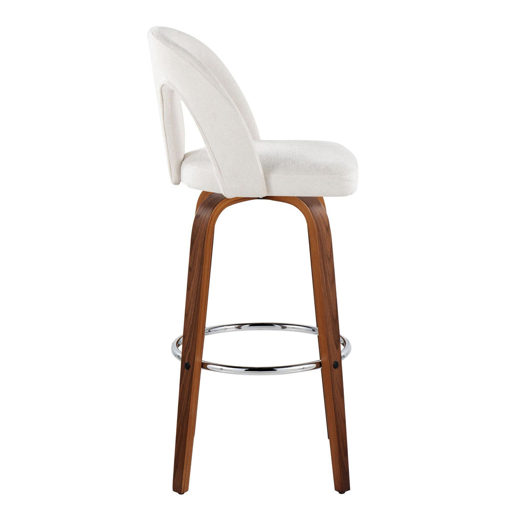 Ava Upholstered 30" Fixed-Height Barstool - Set of 2 - Walnut Wood, Snow White Fabric, Chrome Metal