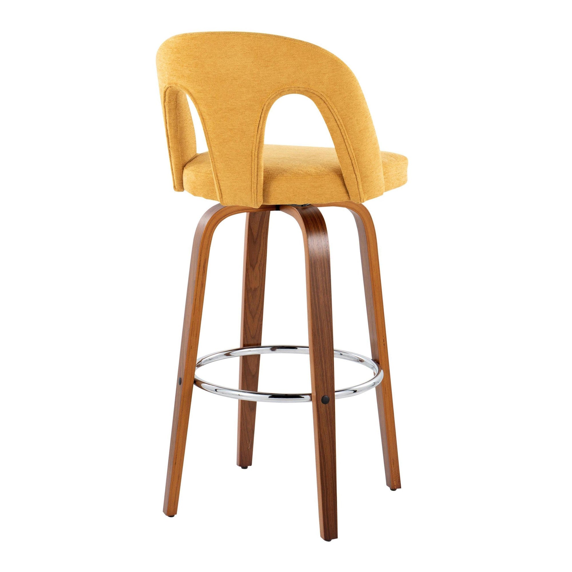 Ava Upholstered 30" Fixed-Height Barstool - Set of 2 - Walnut Wood, Yellow Fabric, Chrome Metal