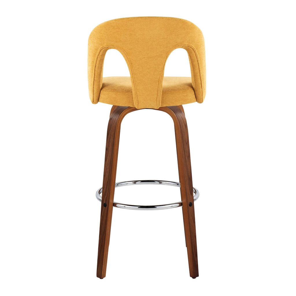 Ava Upholstered 30" Fixed-Height Barstool - Set of 2 - Walnut Wood, Yellow Fabric, Chrome Metal