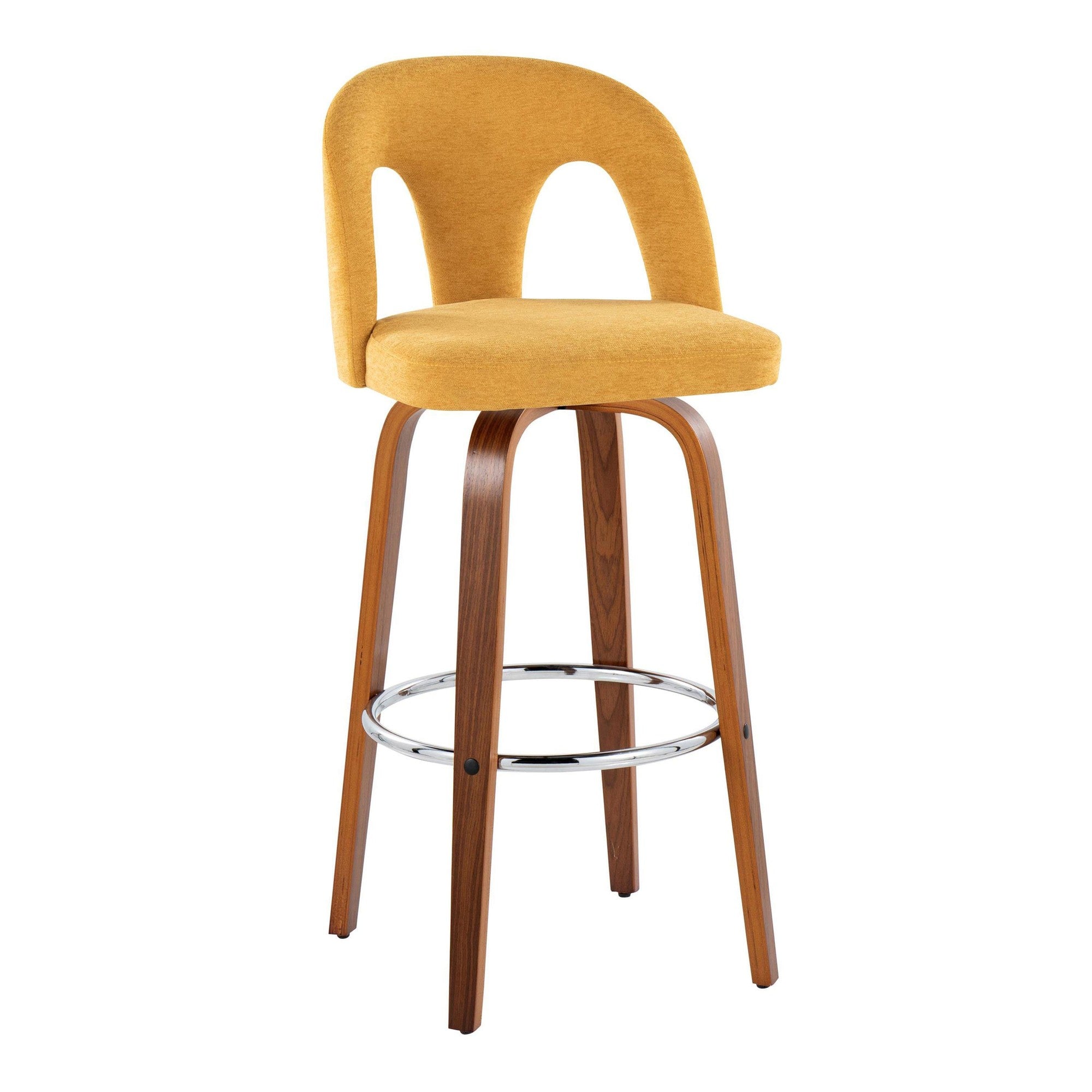 Ava Upholstered 30" Fixed-Height Barstool - Set of 2 - Walnut Wood, Yellow Fabric, Chrome Metal