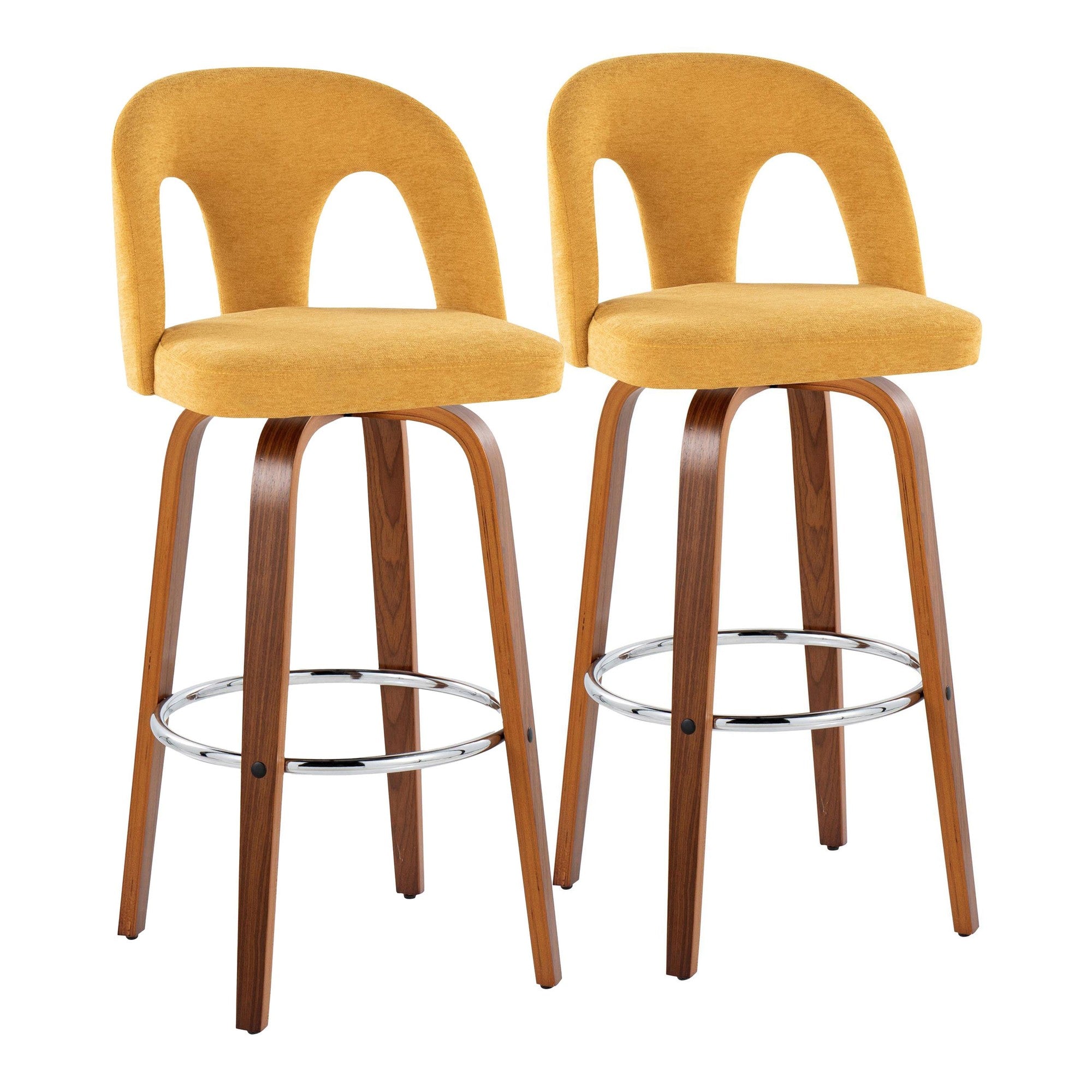 Ava Upholstered 30" Fixed-Height Barstool - Set of 2 - Walnut Wood, Yellow Fabric, Chrome Metal