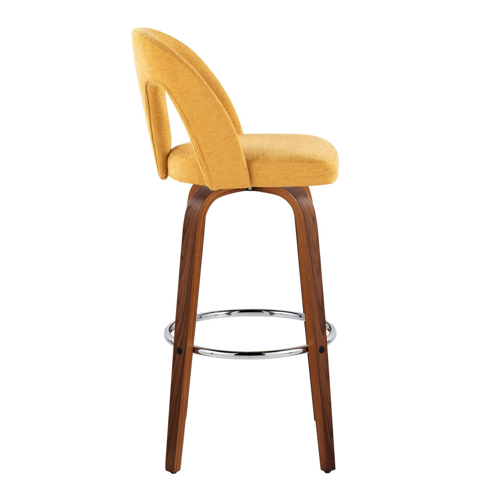 Ava Upholstered 30" Fixed-Height Barstool - Set of 2 - Walnut Wood, Yellow Fabric, Chrome Metal